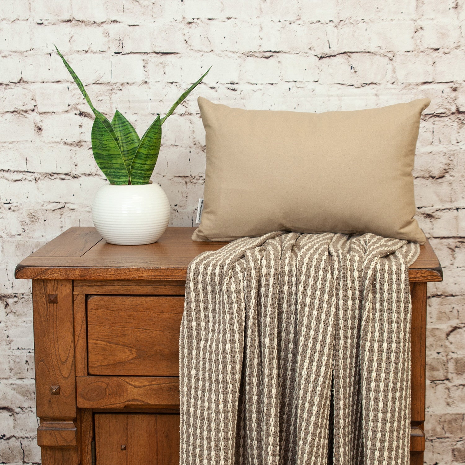 12" X 18" Beige Cotton Lumbar Throw Pillow