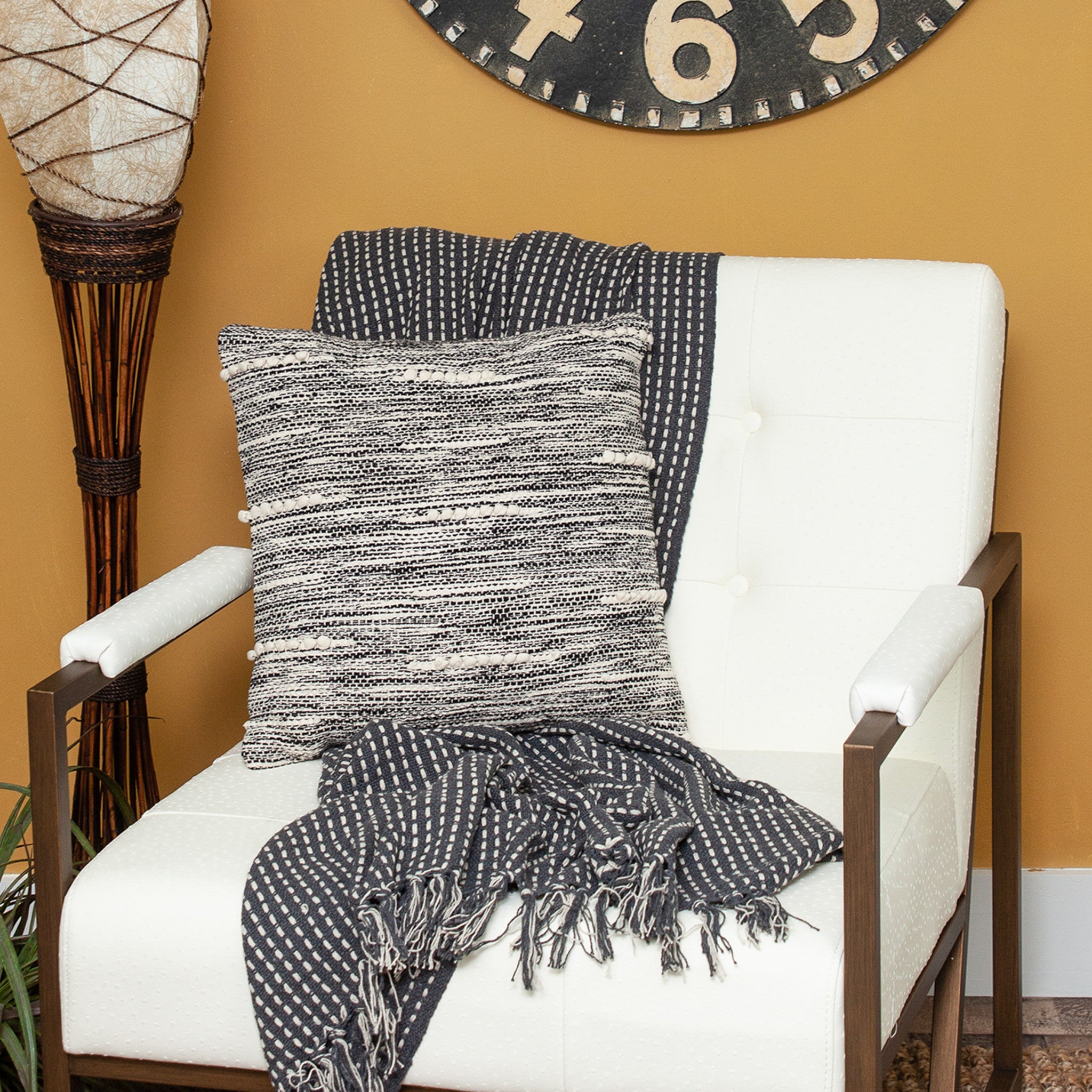 18" Beige and Black Striped Cotton Throw Pillow