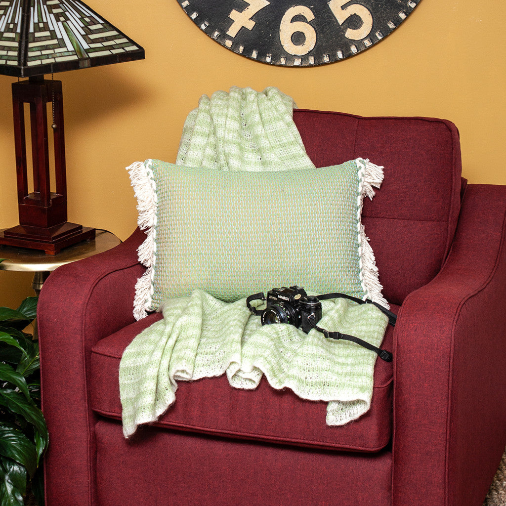 14" X 20" Beige and Green Diamond Cotton Throw Pillow With Embroidery, Fringe