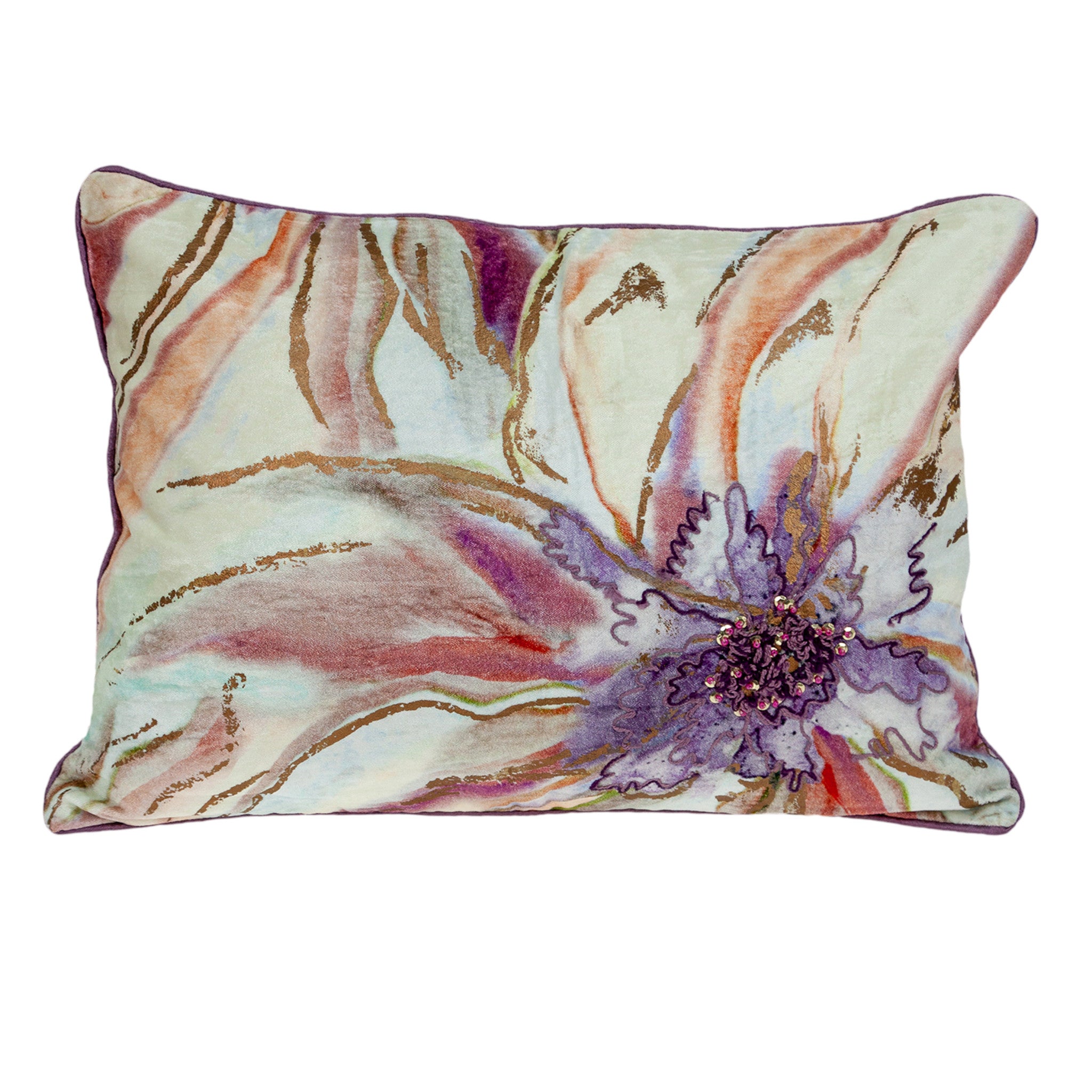 14" X 20" Pink and Purple Floral Cotton Throw Pillow With Sequins