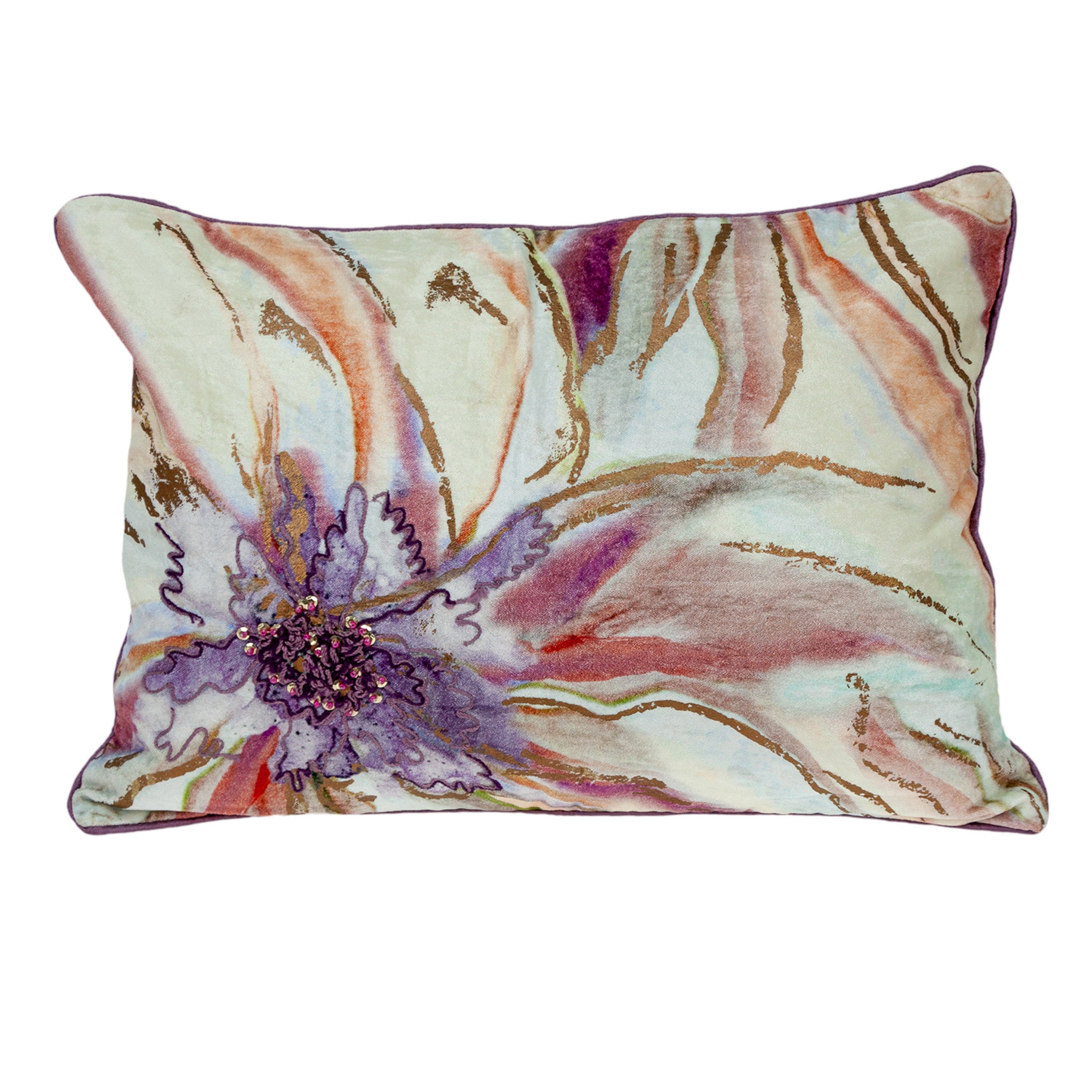 14" X 20" Pink and Purple Floral Cotton Throw Pillow With Sequins