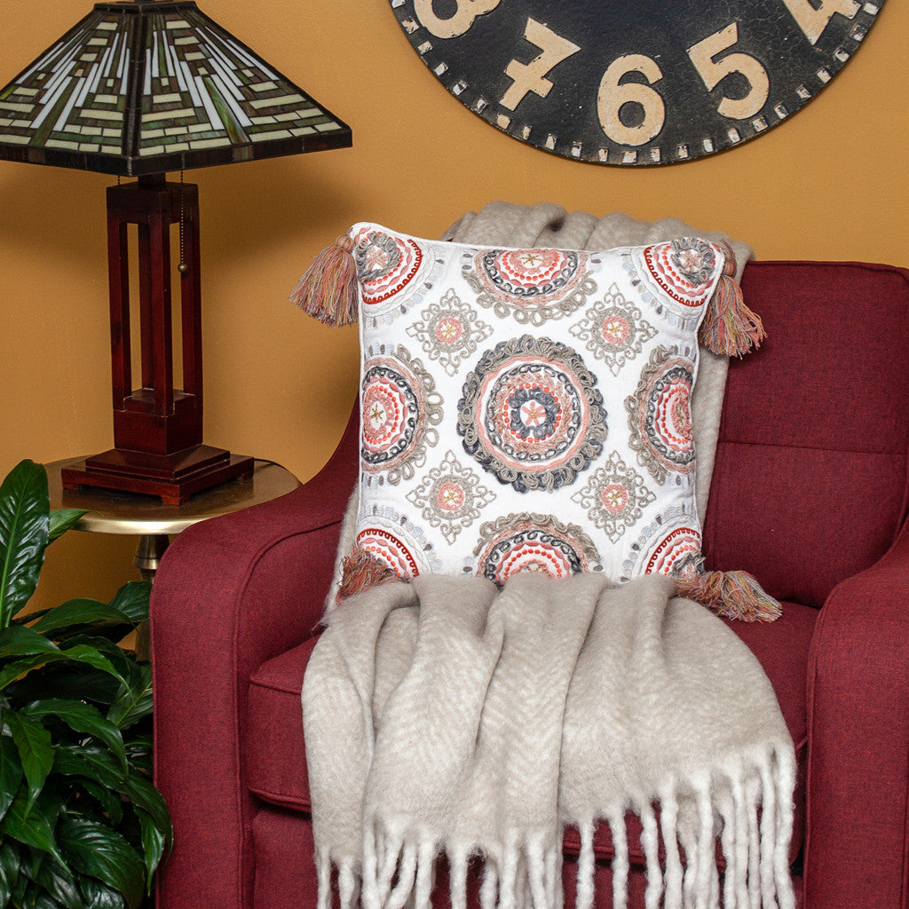 18" Red and White Floral Cotton Throw Pillow With Embroidery, Tassels