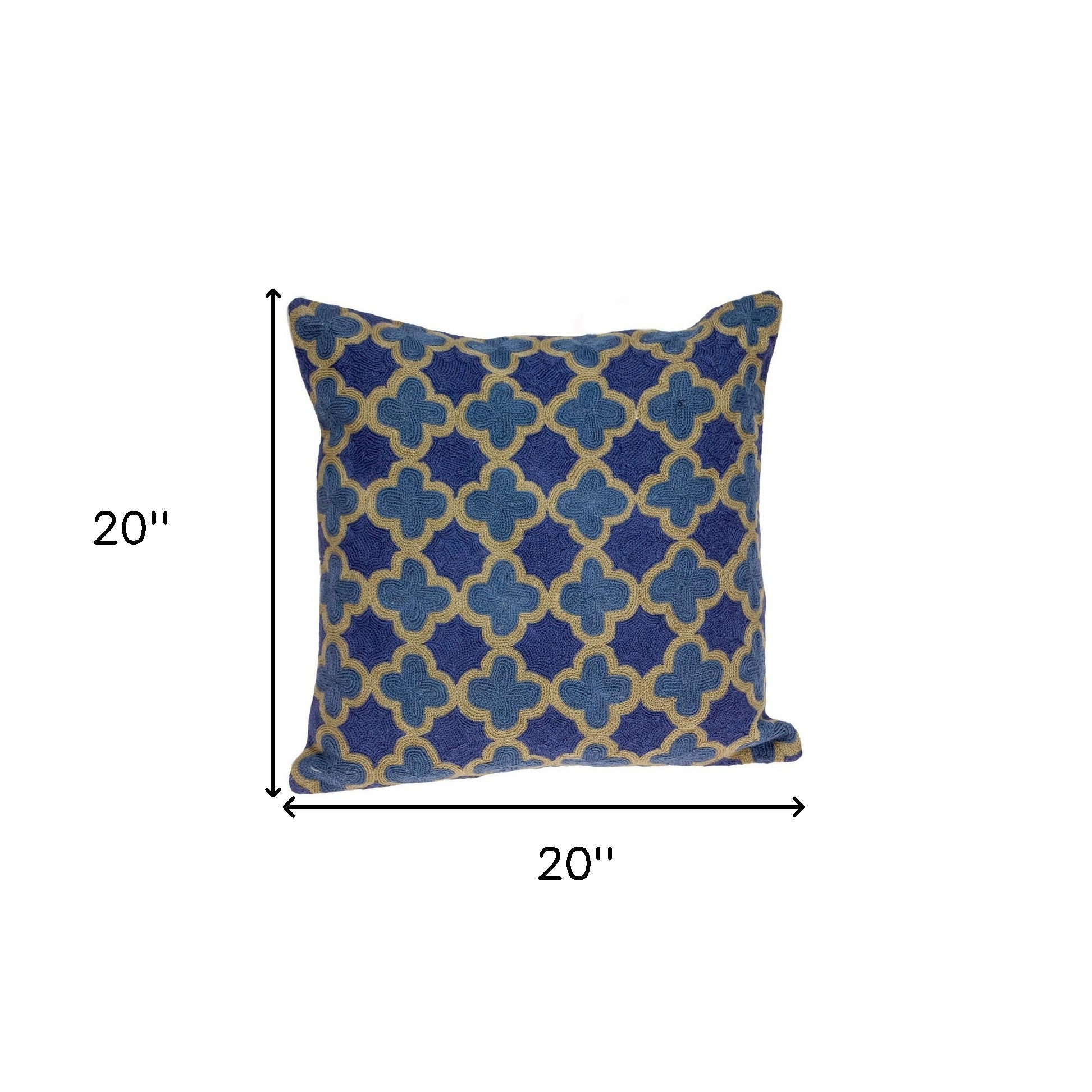 20" Blue and Brown Quatrefoil Wool Throw Pillow With Embroidery