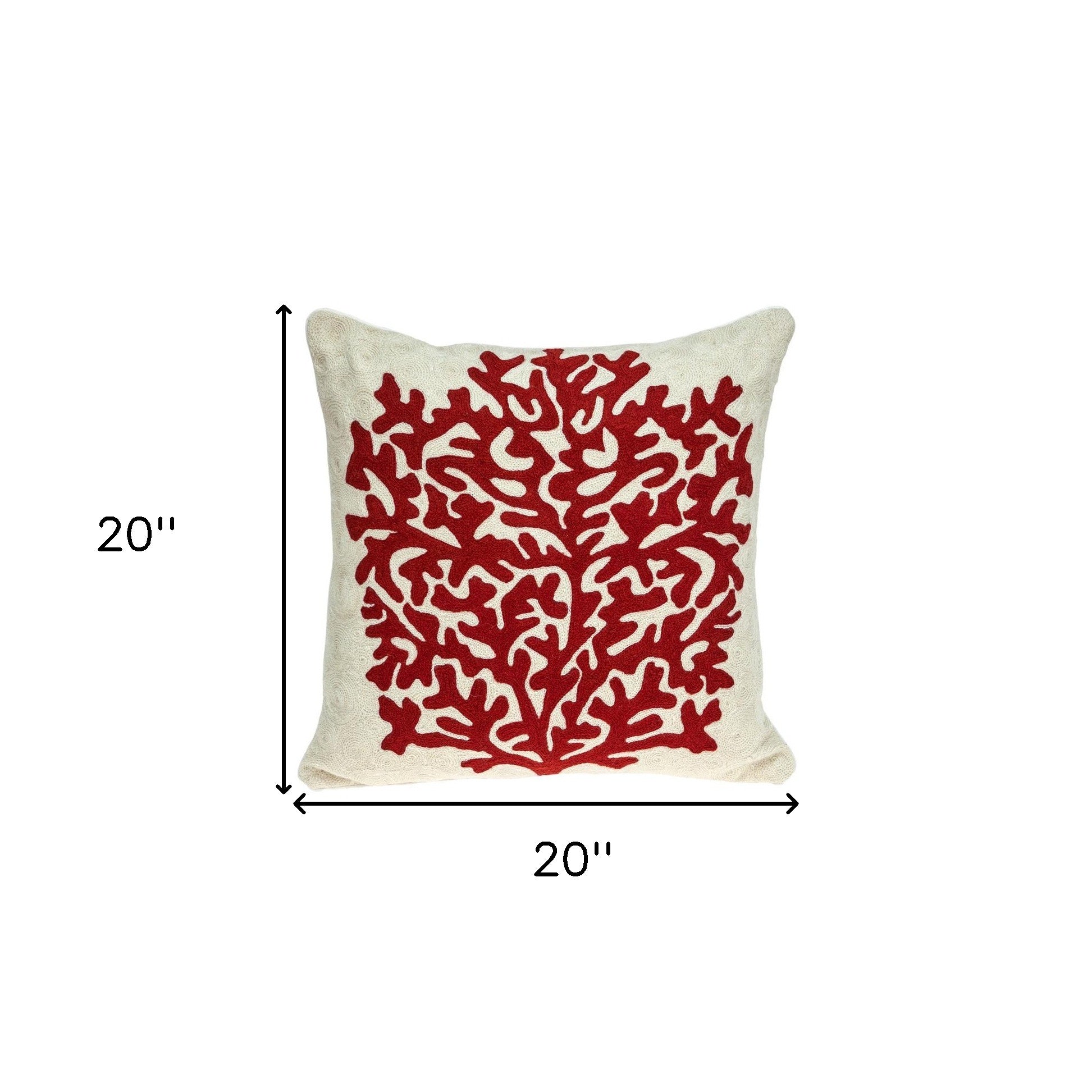 20" Beige and Red Coastal Wool Throw Pillow With Embroidery