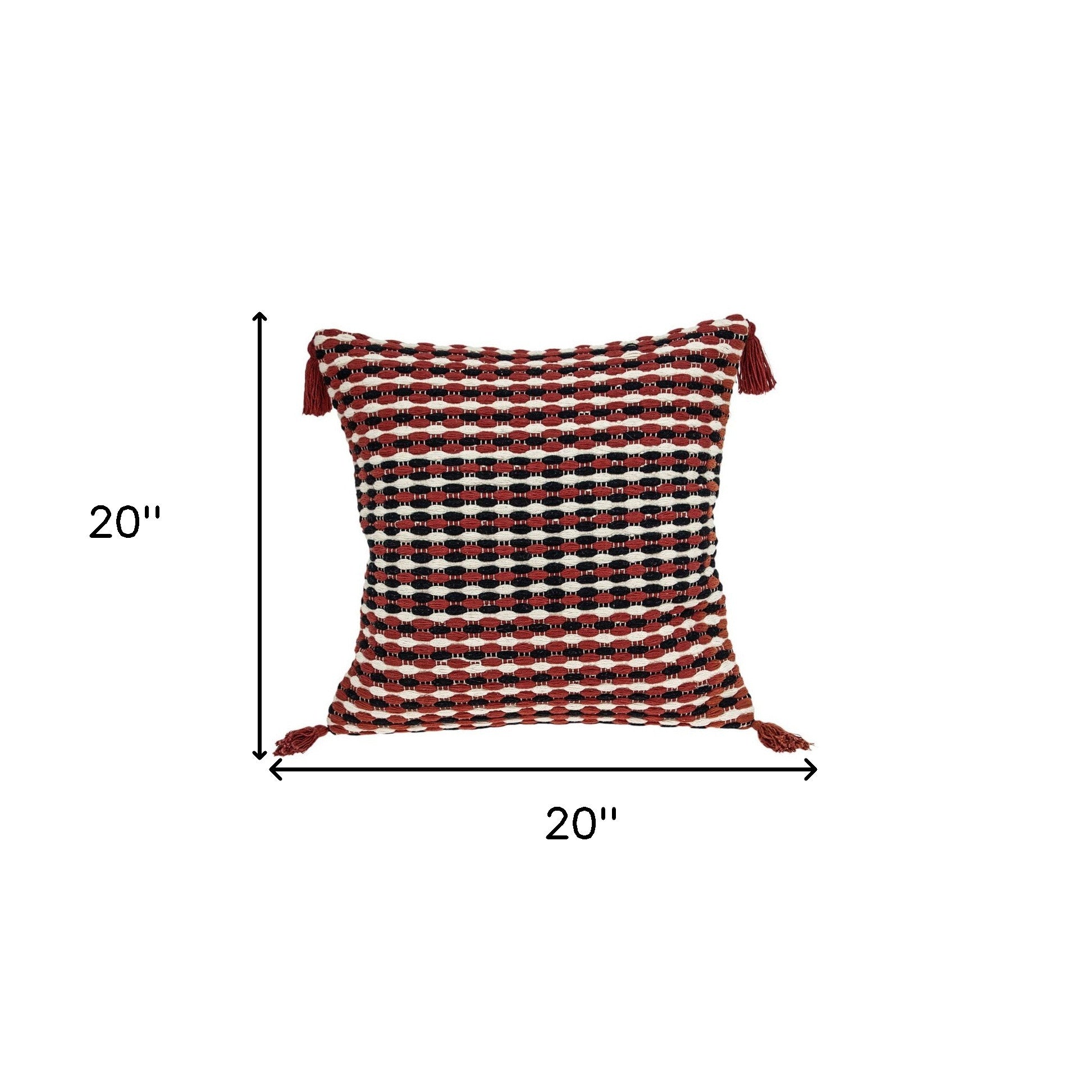 20" Red and Black Striped Cotton Throw Pillow With Tassels