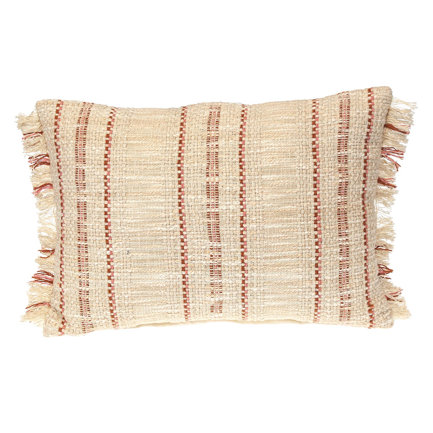 14" X 20" Beige and Pink Striped Cotton Throw Pillow With Fringe