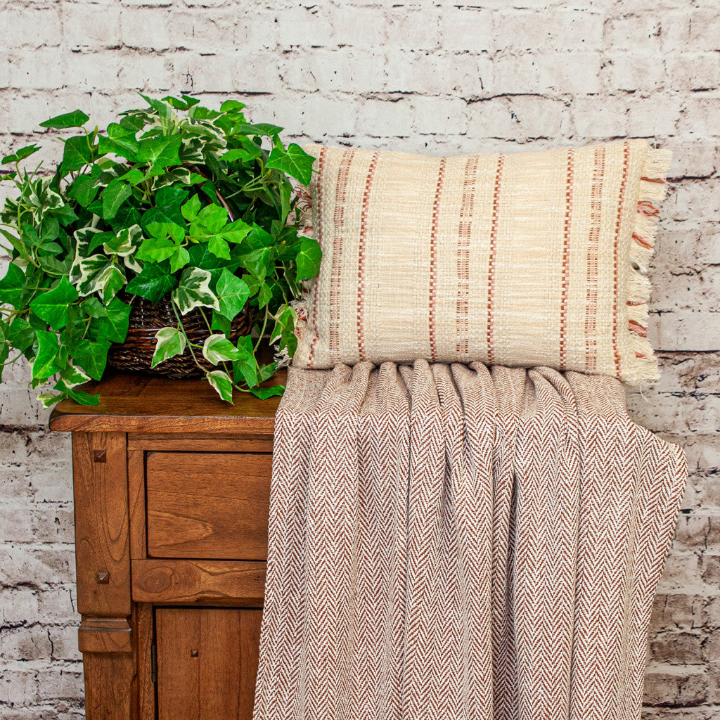 14" X 20" Beige and Pink Striped Cotton Throw Pillow With Fringe