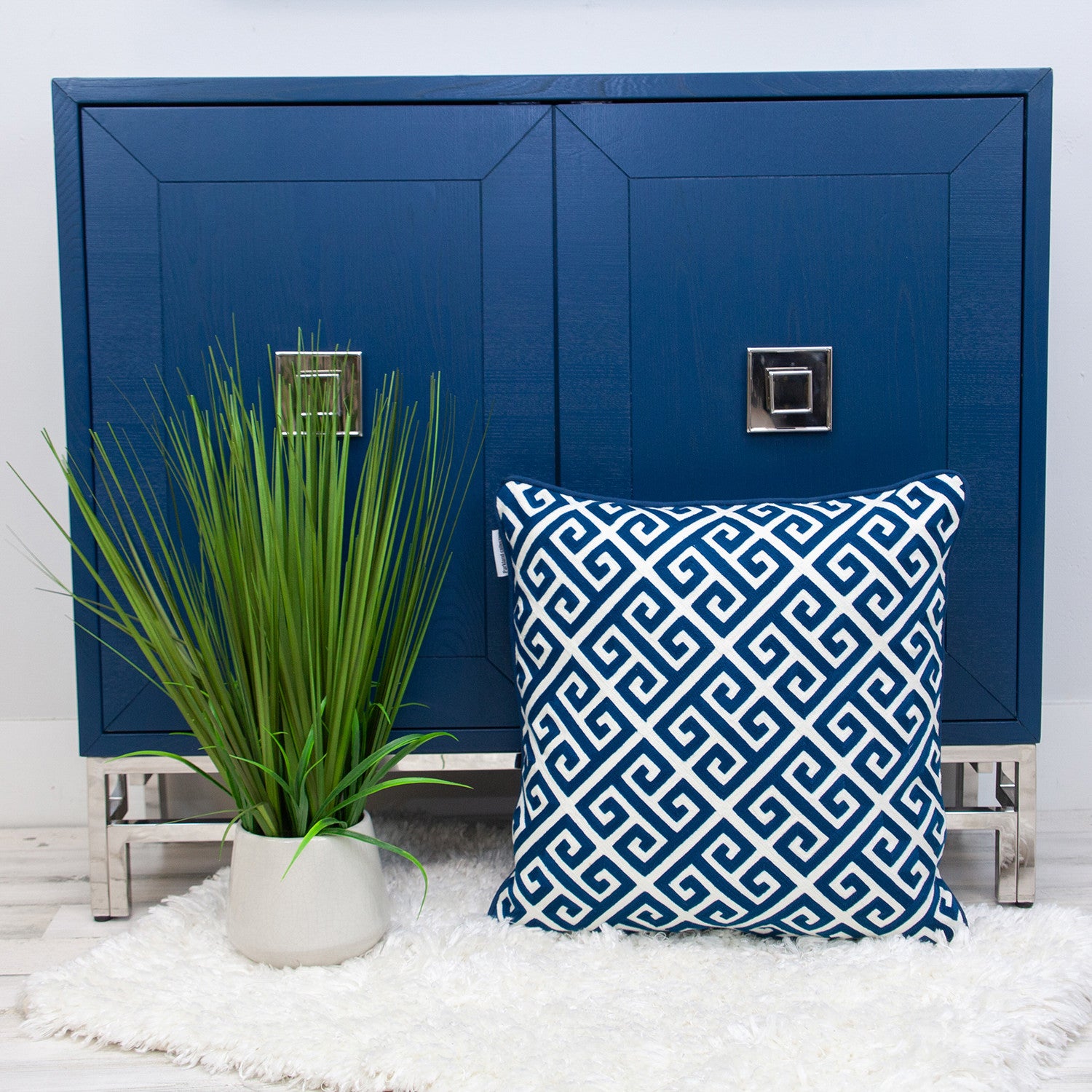 20" Blue Greek Key Cotton Throw Pillow