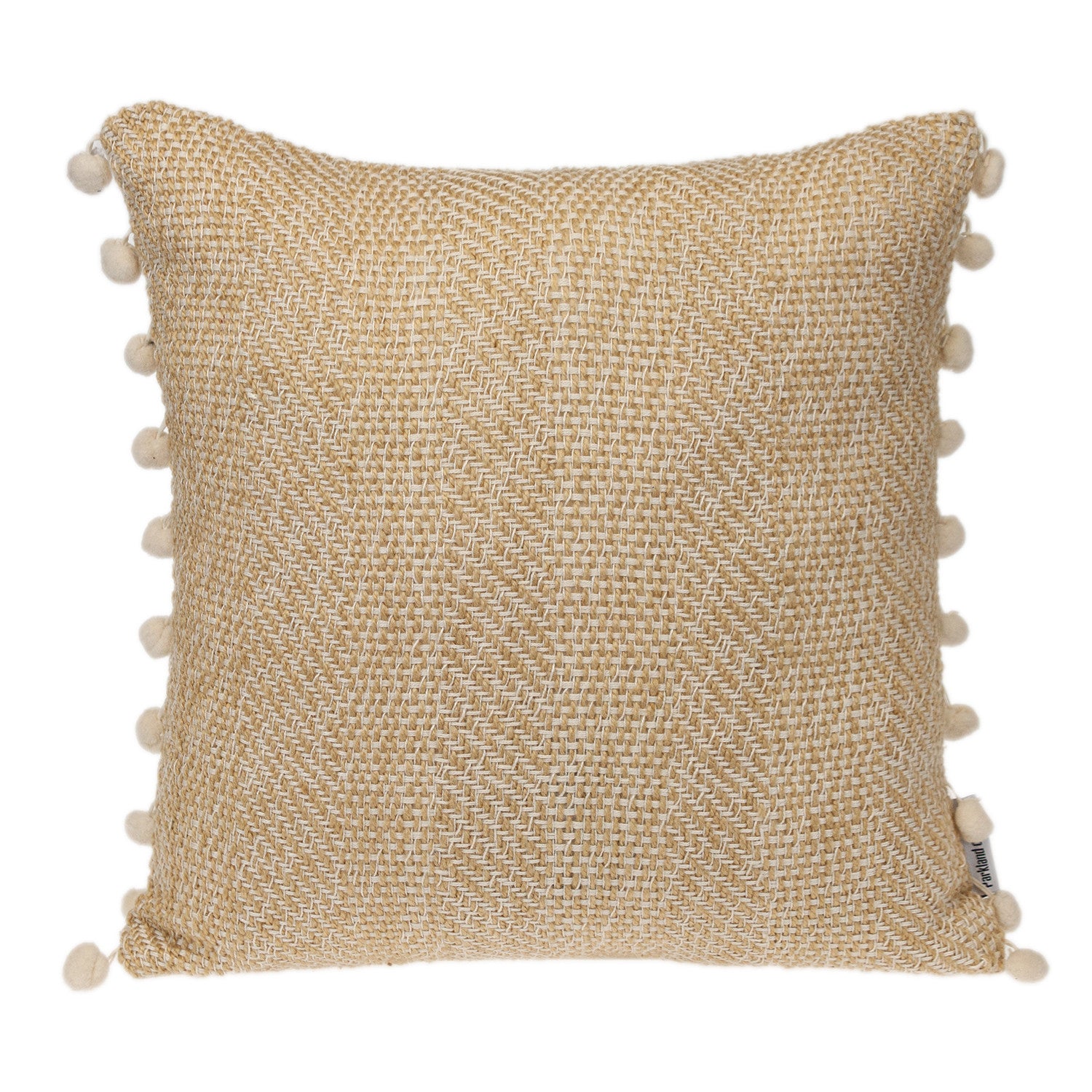 18" Beige and White Weave Cotton Throw Pillow With Pom Poms