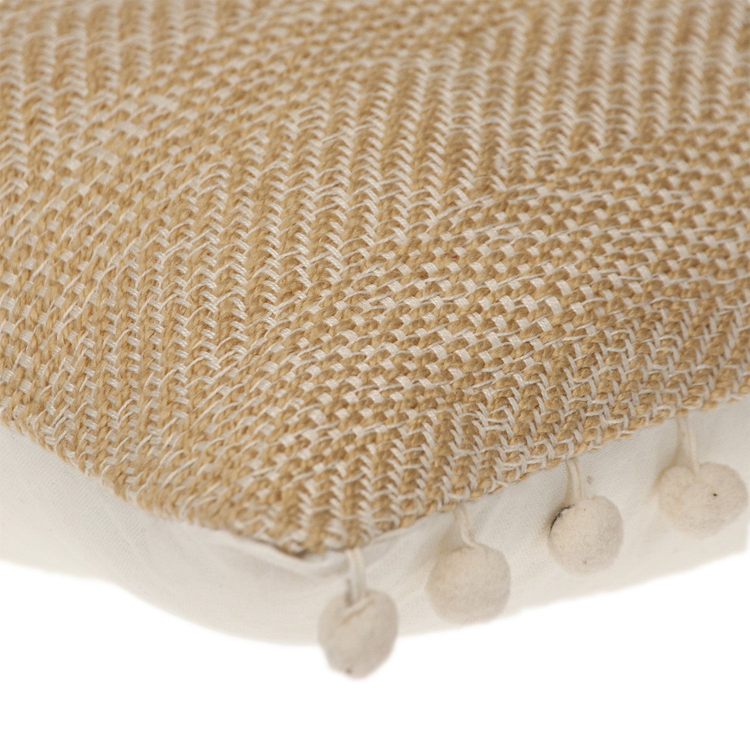 18" Beige and White Weave Cotton Throw Pillow With Pom Poms