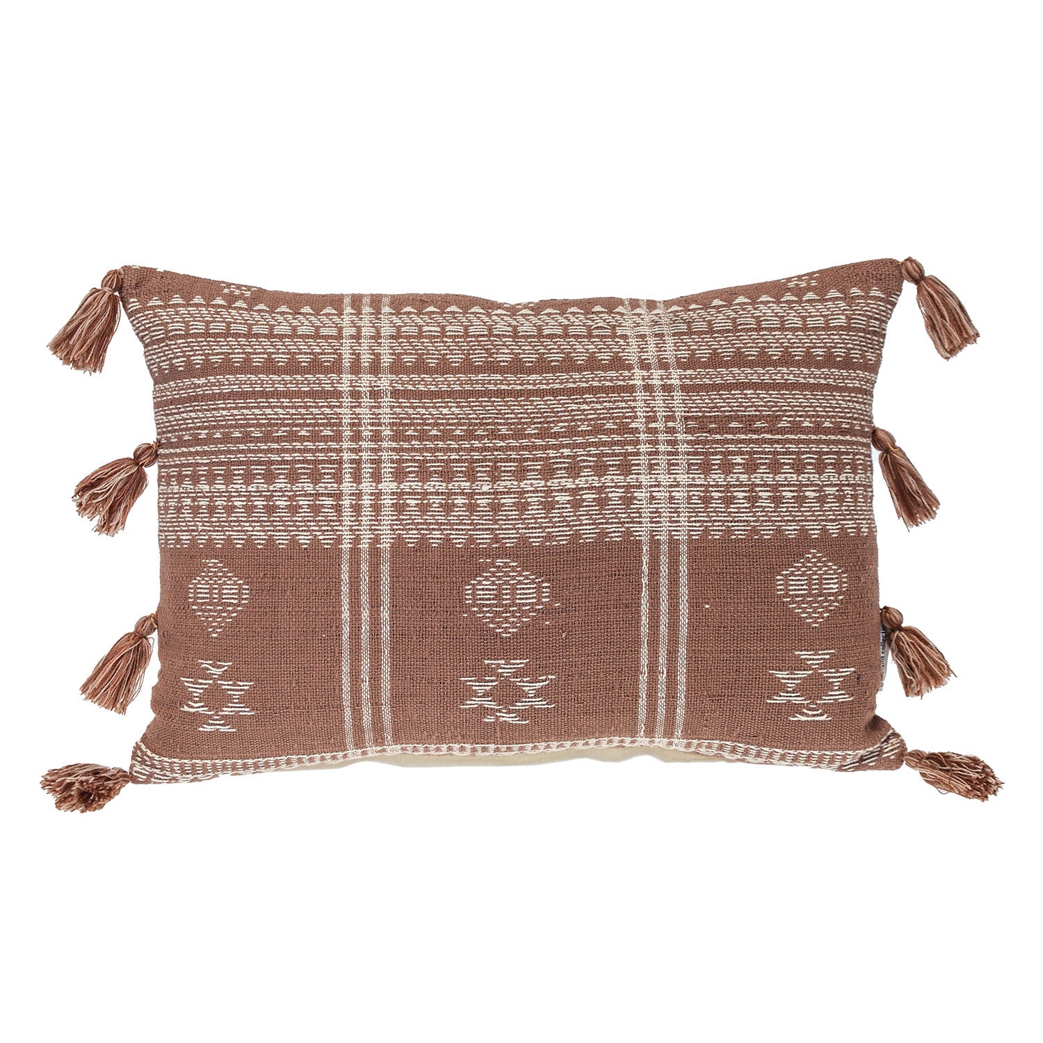 14" X 20" Beige and Brown Southwestern Cotton Throw Pillow With Tassels