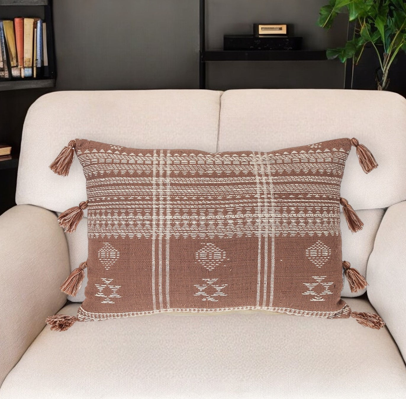 14" X 20" Beige and Brown Southwestern Cotton Throw Pillow With Tassels