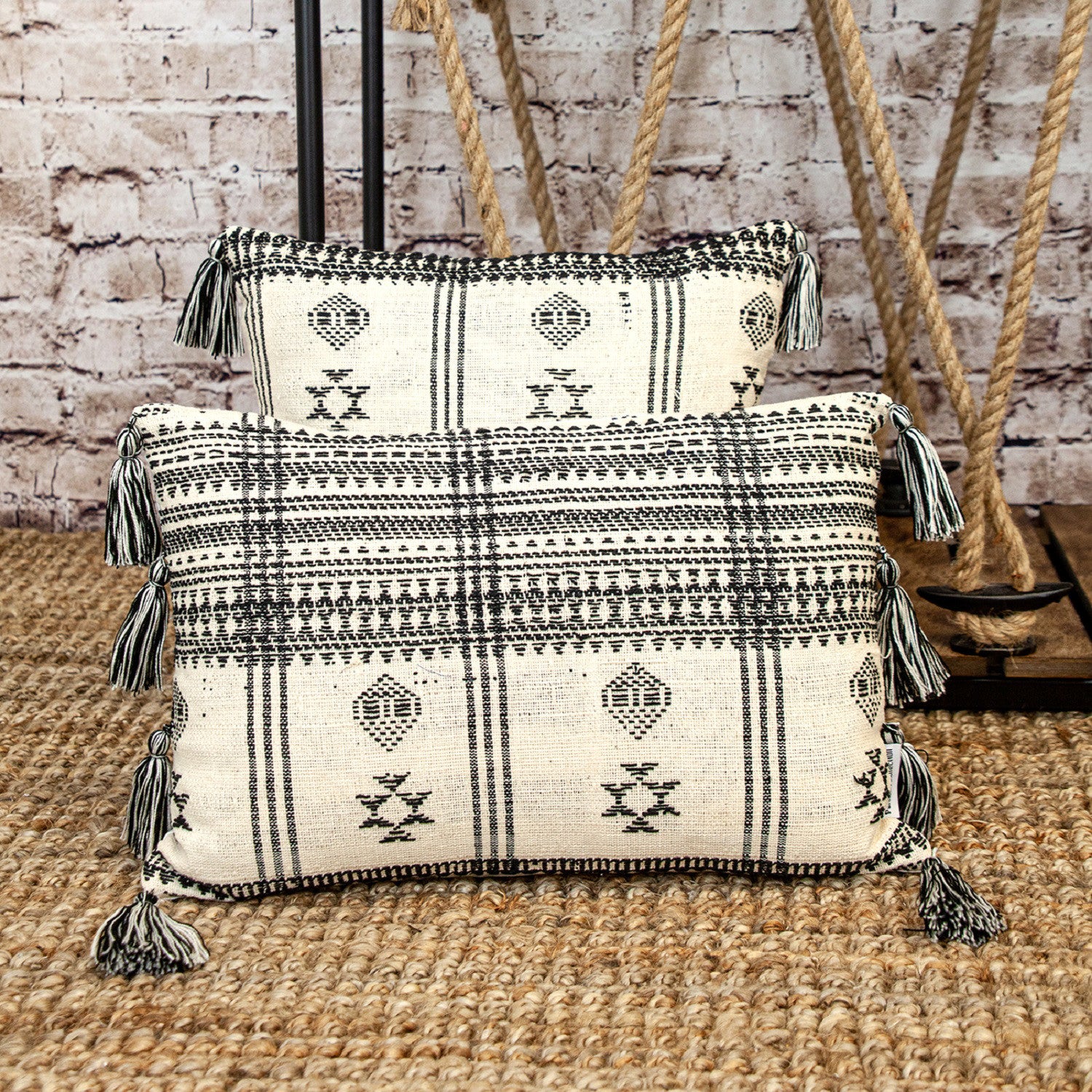 14" X 20" Beige and Black Southwestern Cotton Throw Pillow With Tassels