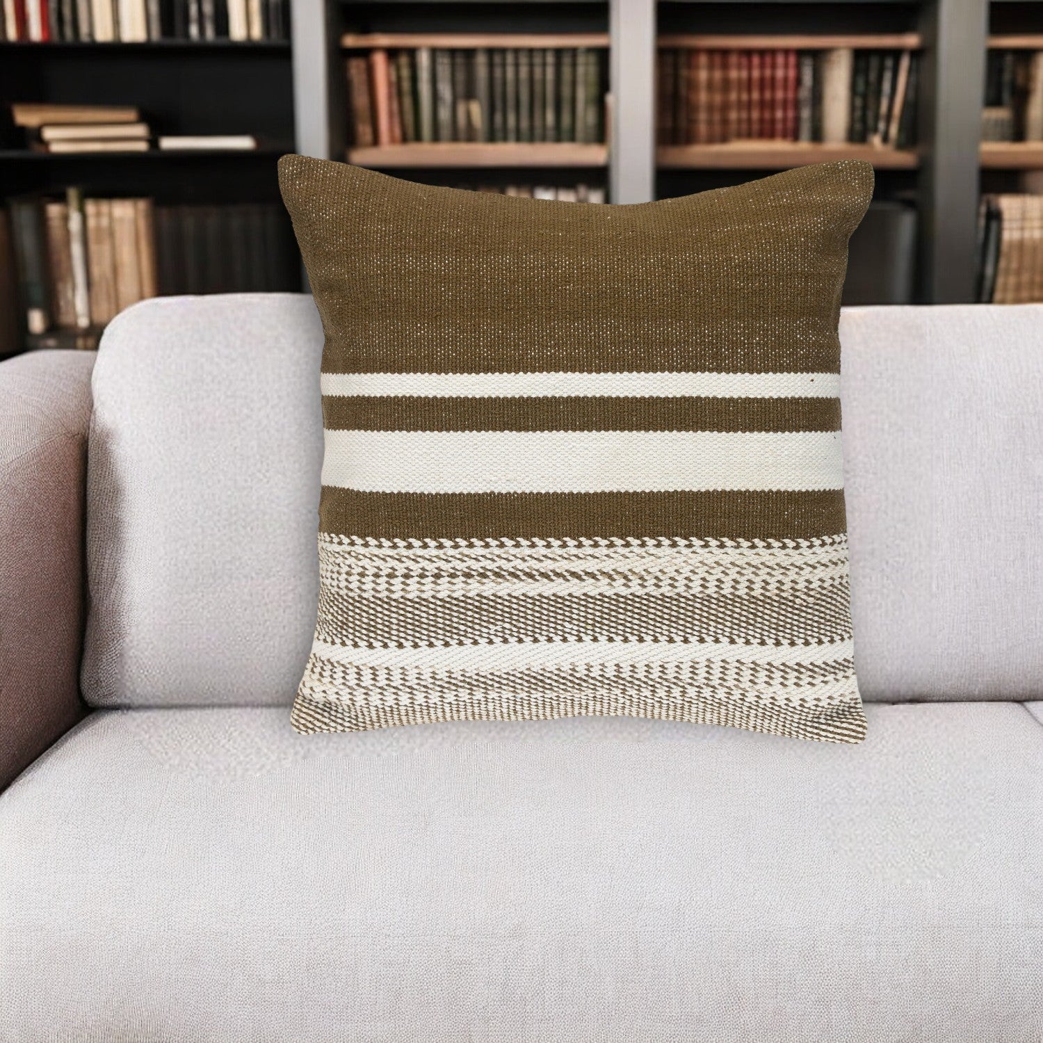 18" Brown and White Striped Cotton Throw Pillow