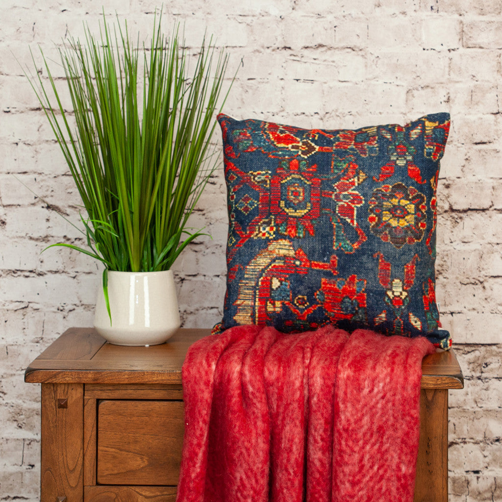 18" Blue and Red Damask Cotton Throw Pillow