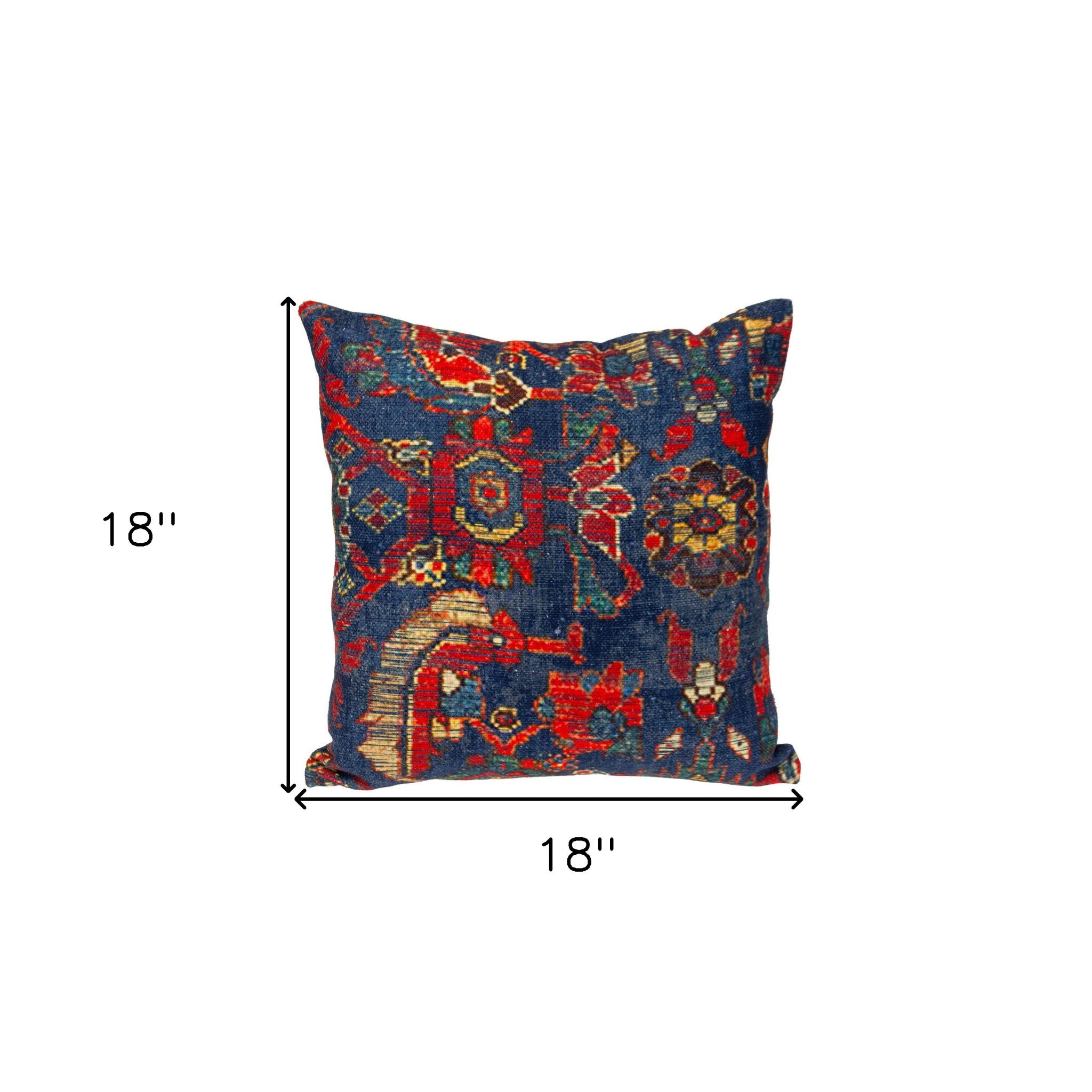 18" Blue and Red Damask Cotton Throw Pillow