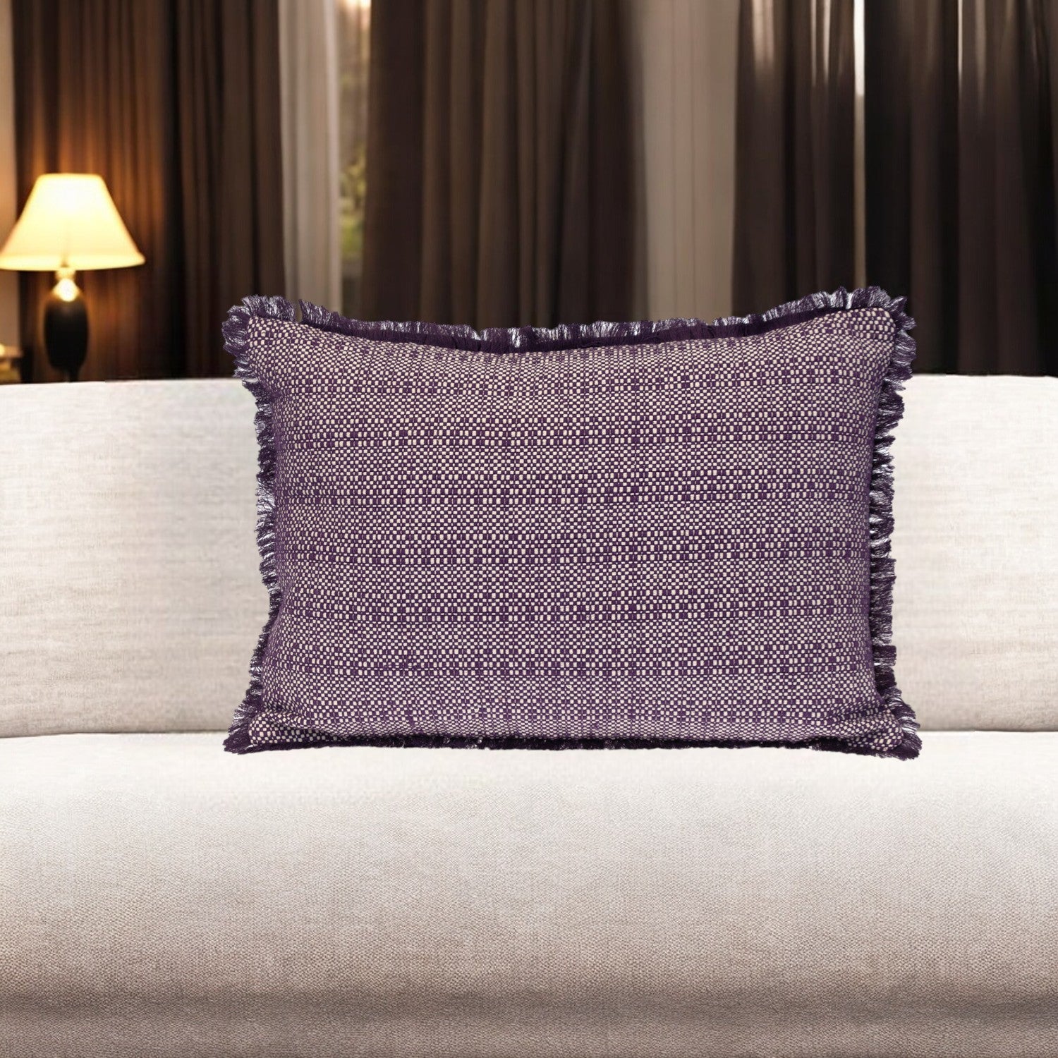 14" X 20" Purple and White Striped Cotton Throw Pillow With Fringe