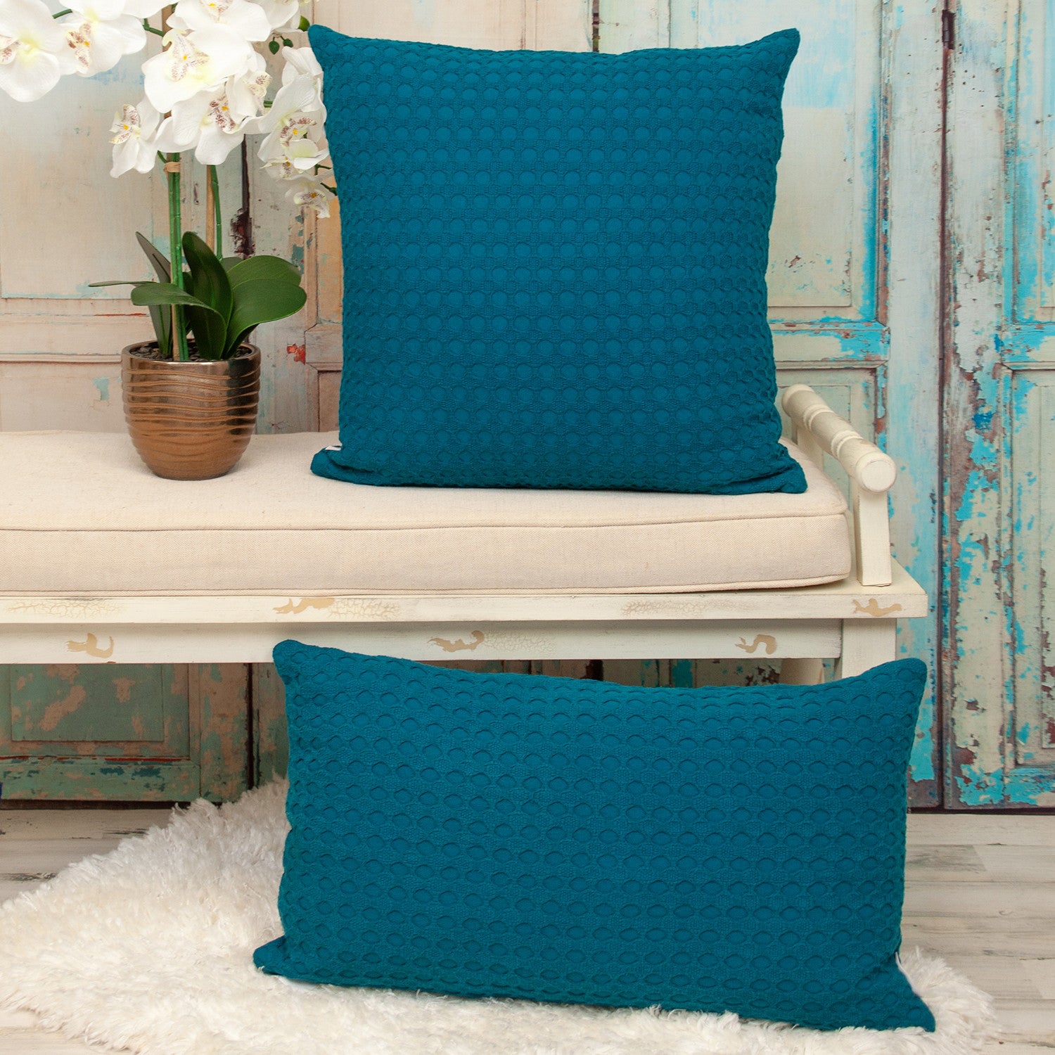 14" X 26" Teal Cotton Lumbar Throw Pillow With Texture