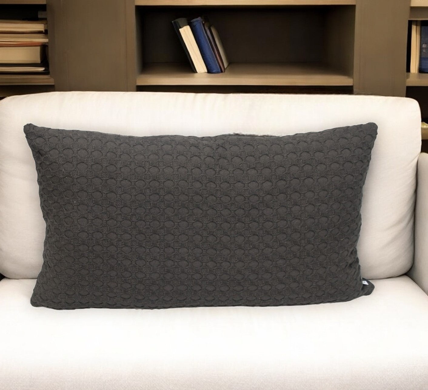 14" X 26" Dark Gray Cotton Lumbar Throw Pillow With Texture