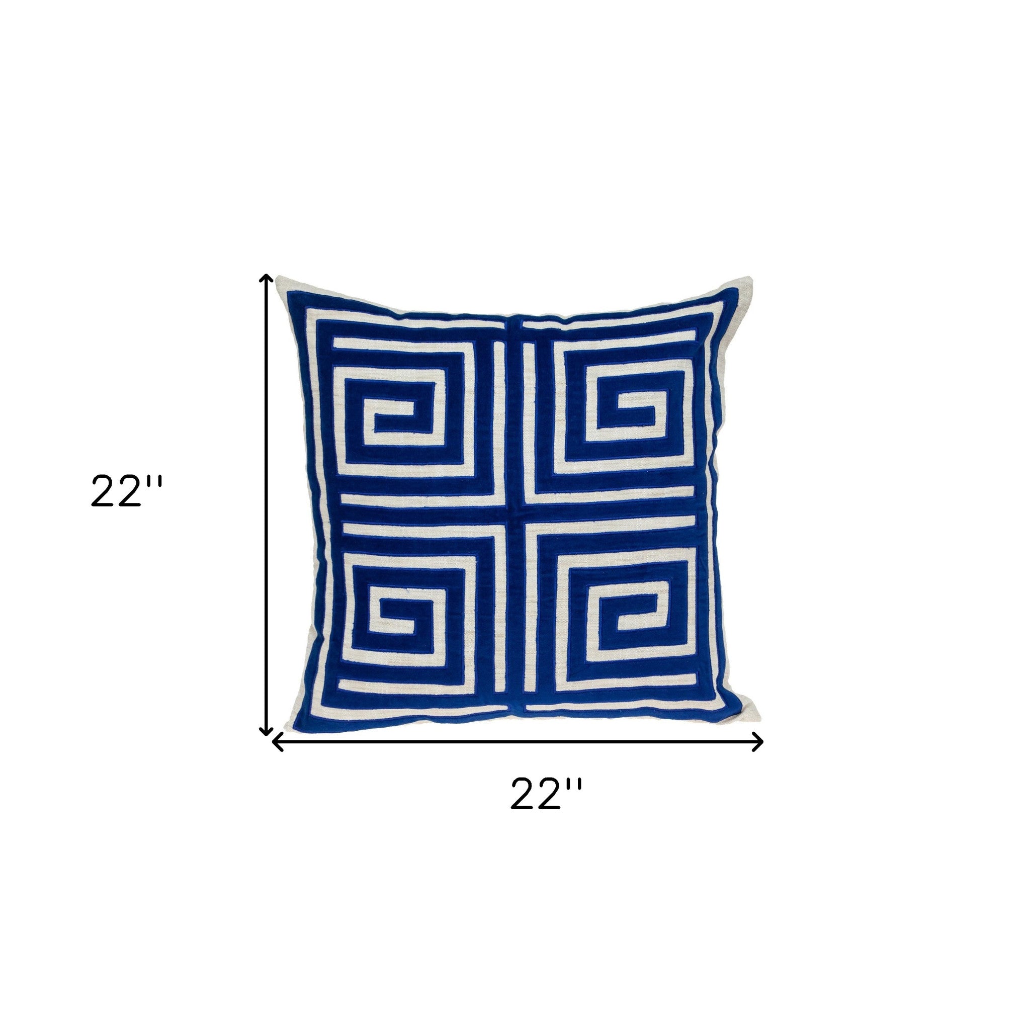 22" Beige and Blue Geometric Cotton Blend Throw Pillow with Embroidery and Applique