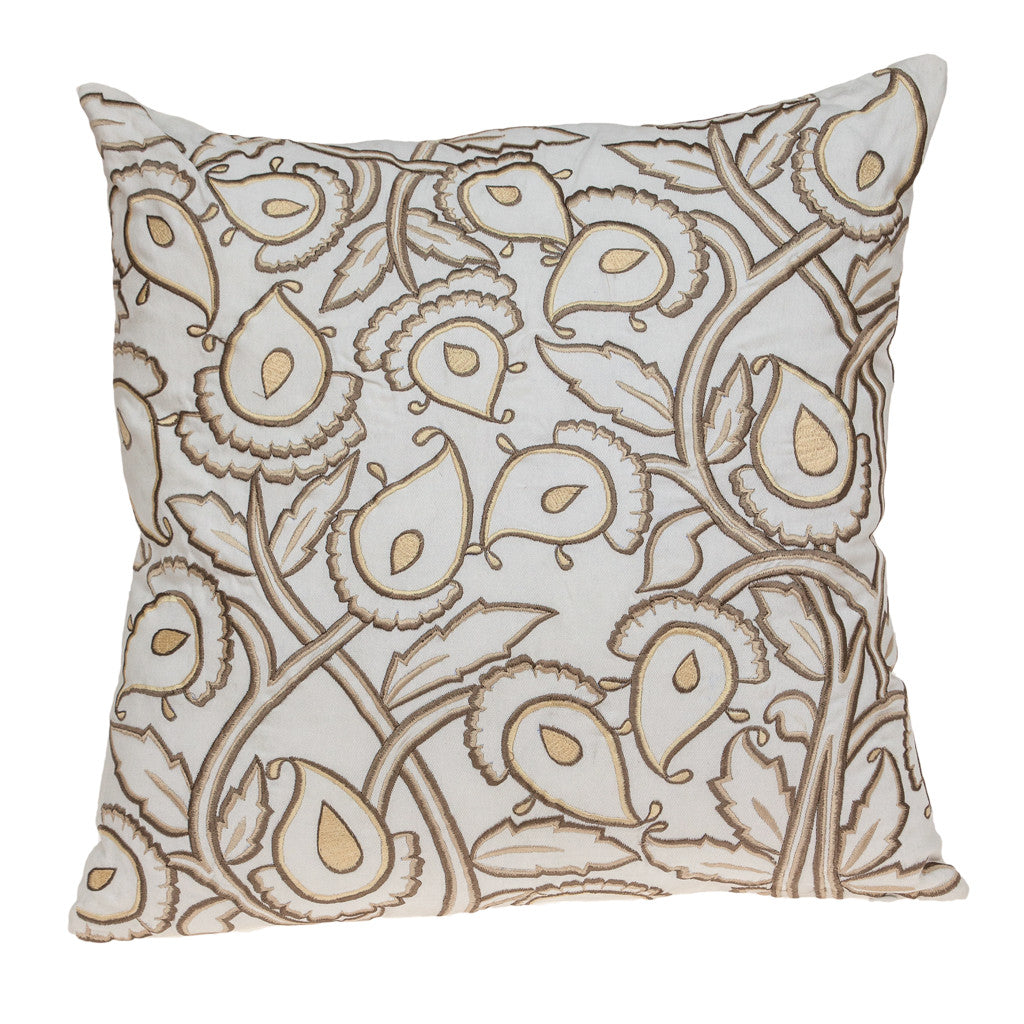 22" Brown and White Floral Cotton Throw Pillow With Embroidery