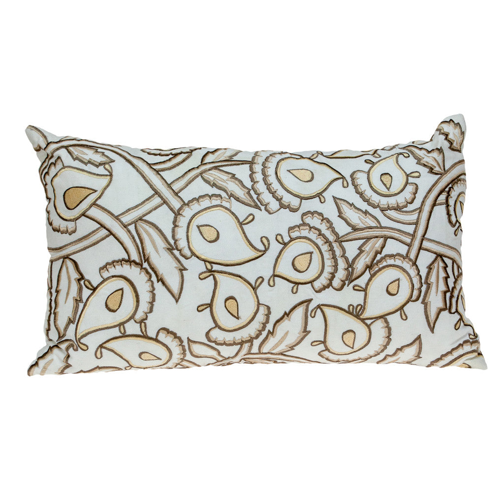 14" X 24" Brown and White Floral Cotton Throw Pillow With Embroidery