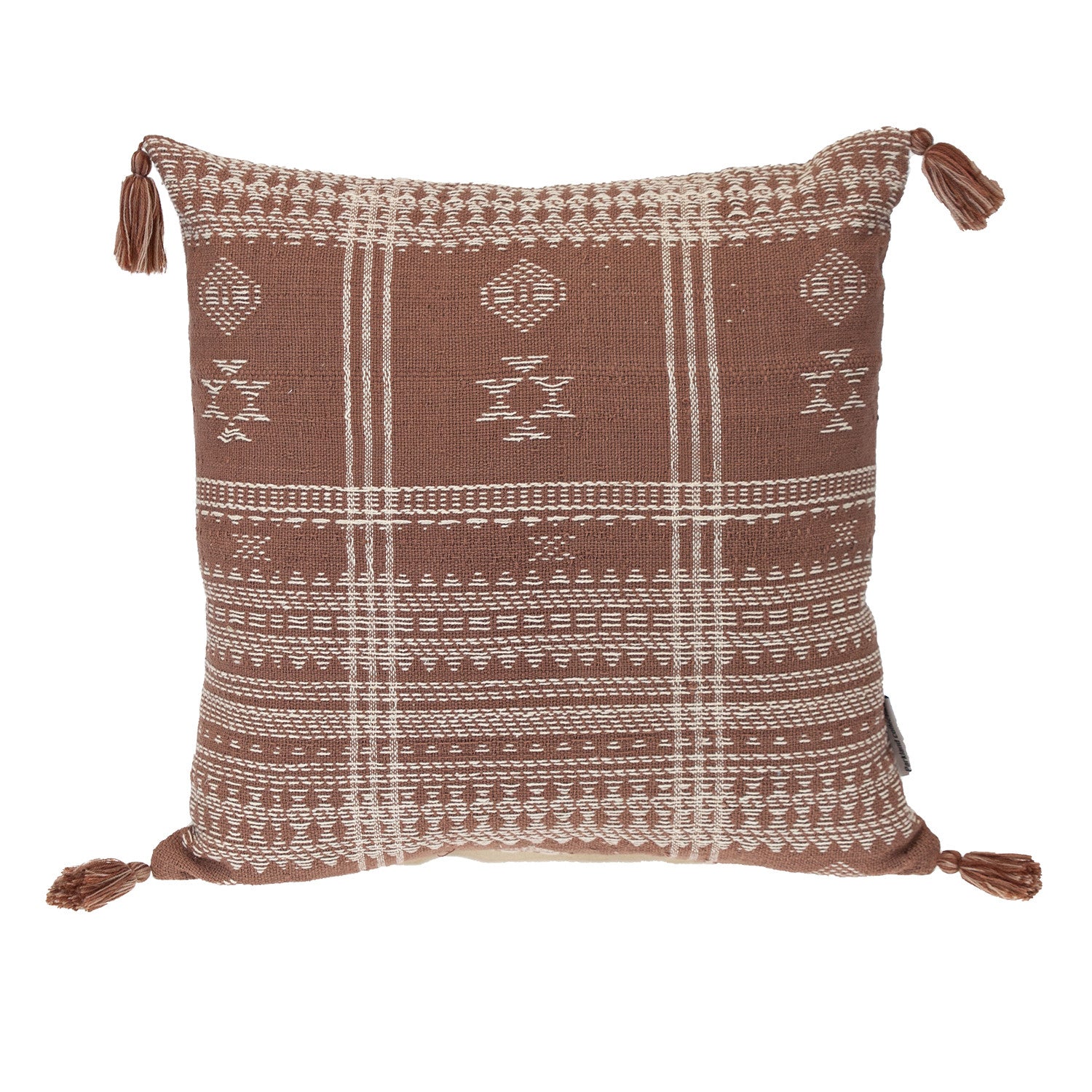 18" Beige and Brown Southwestern Cotton Throw Pillow With Tassels