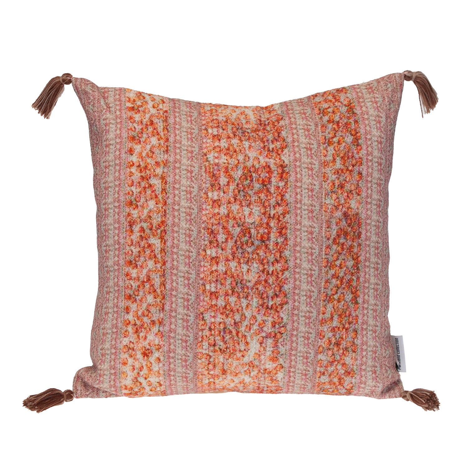 18" Pink and Orange Striped Cotton Throw Pillow With Tassels