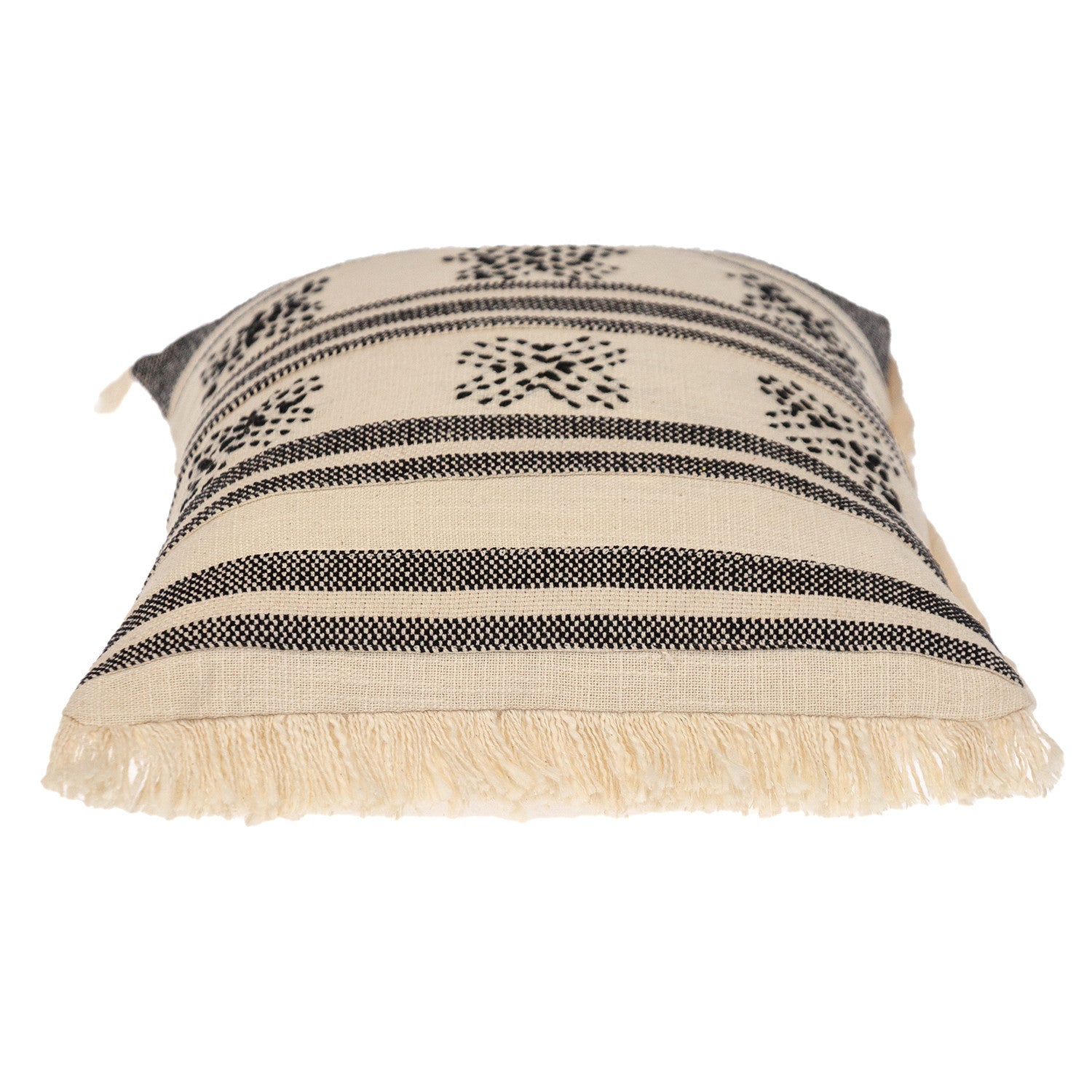 14" X 20" Beige and Black Southwestern Cotton Throw Pillow With Fringe