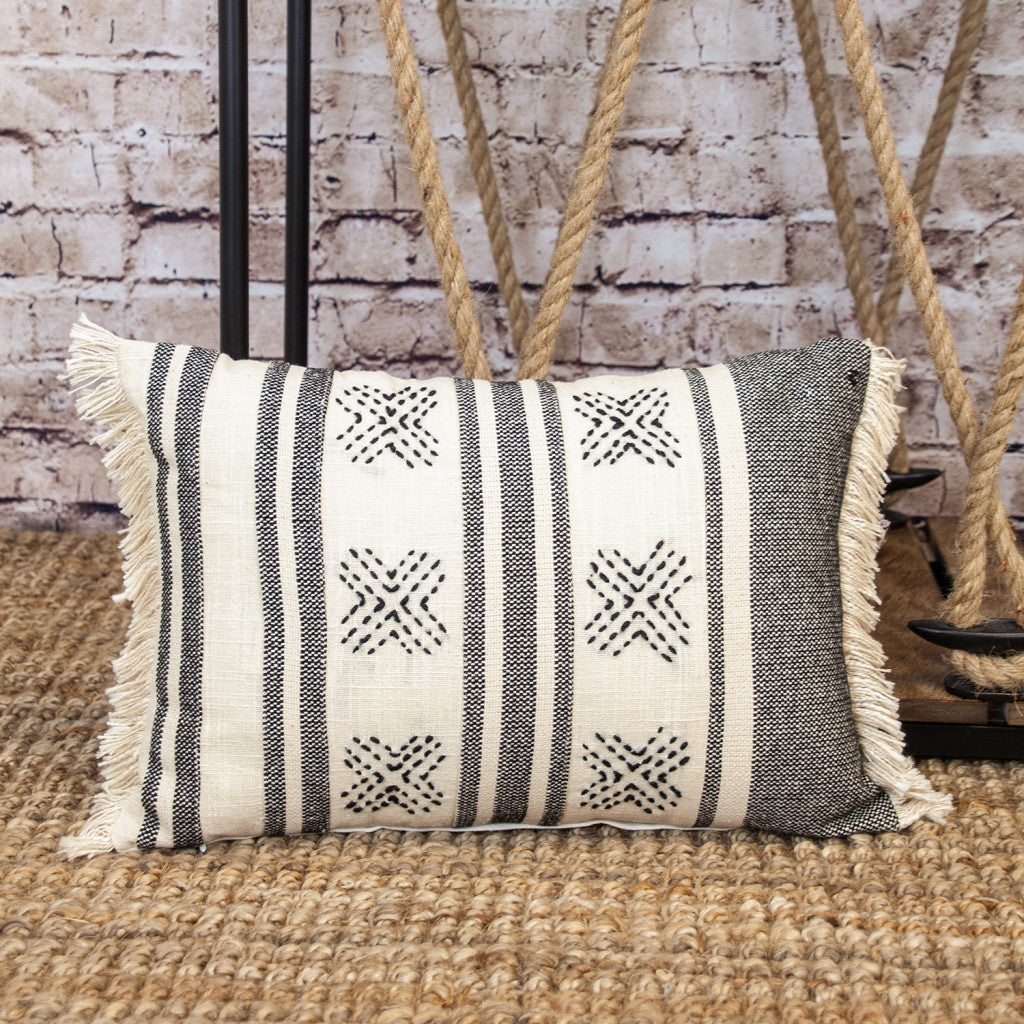 14" X 20" Beige and Black Southwestern Cotton Throw Pillow With Fringe