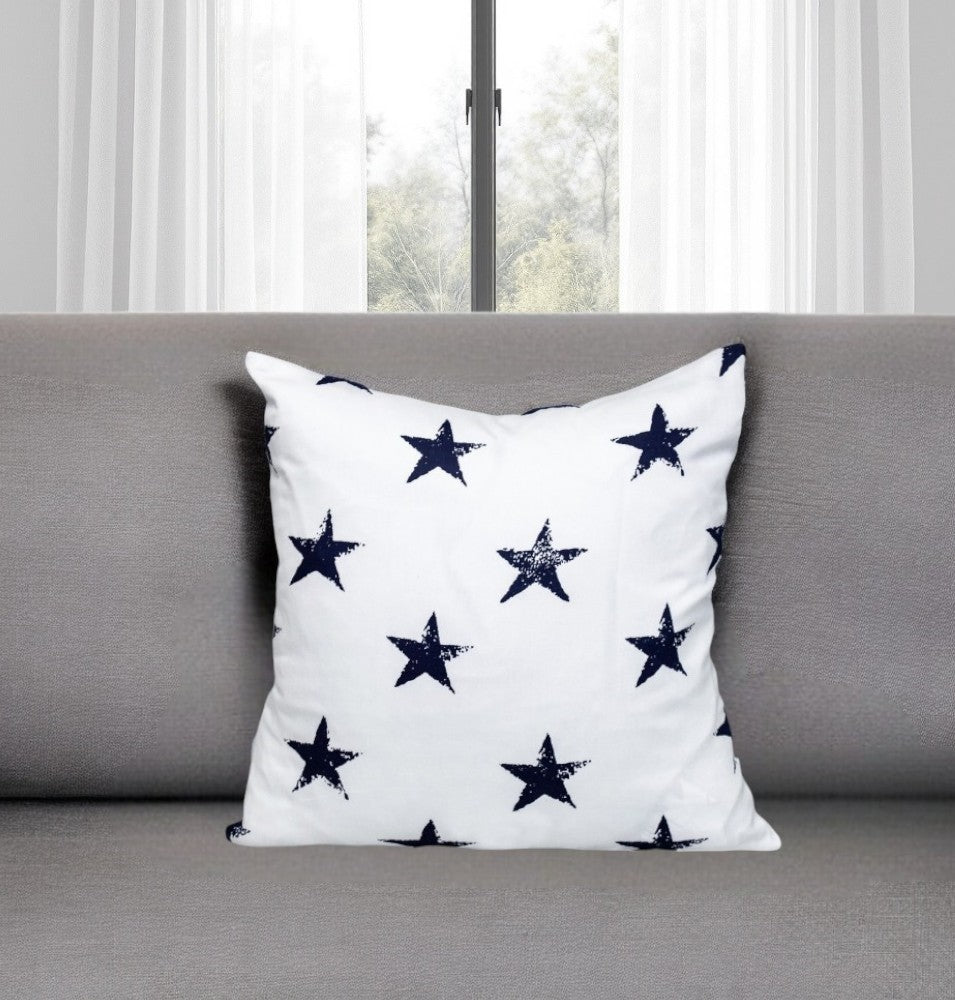 16" White and Blue Star Cotton Throw Pillow