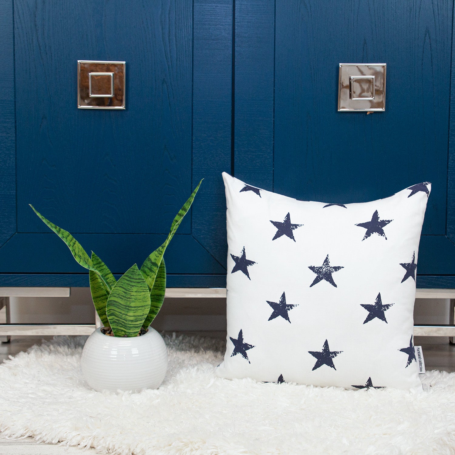 16" White and Blue Star Cotton Throw Pillow