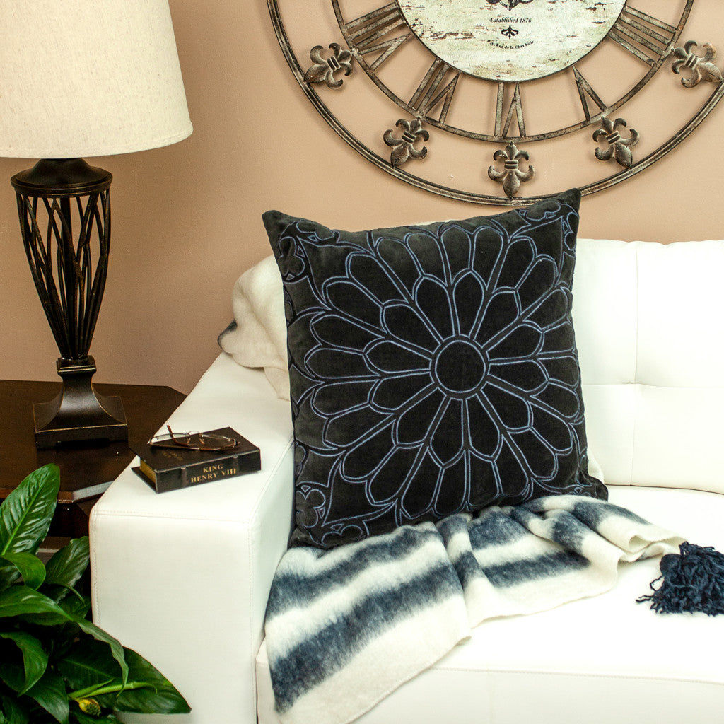 22" Black and Blue Floral Cotton Throw Pillow with Embroidery and Applique