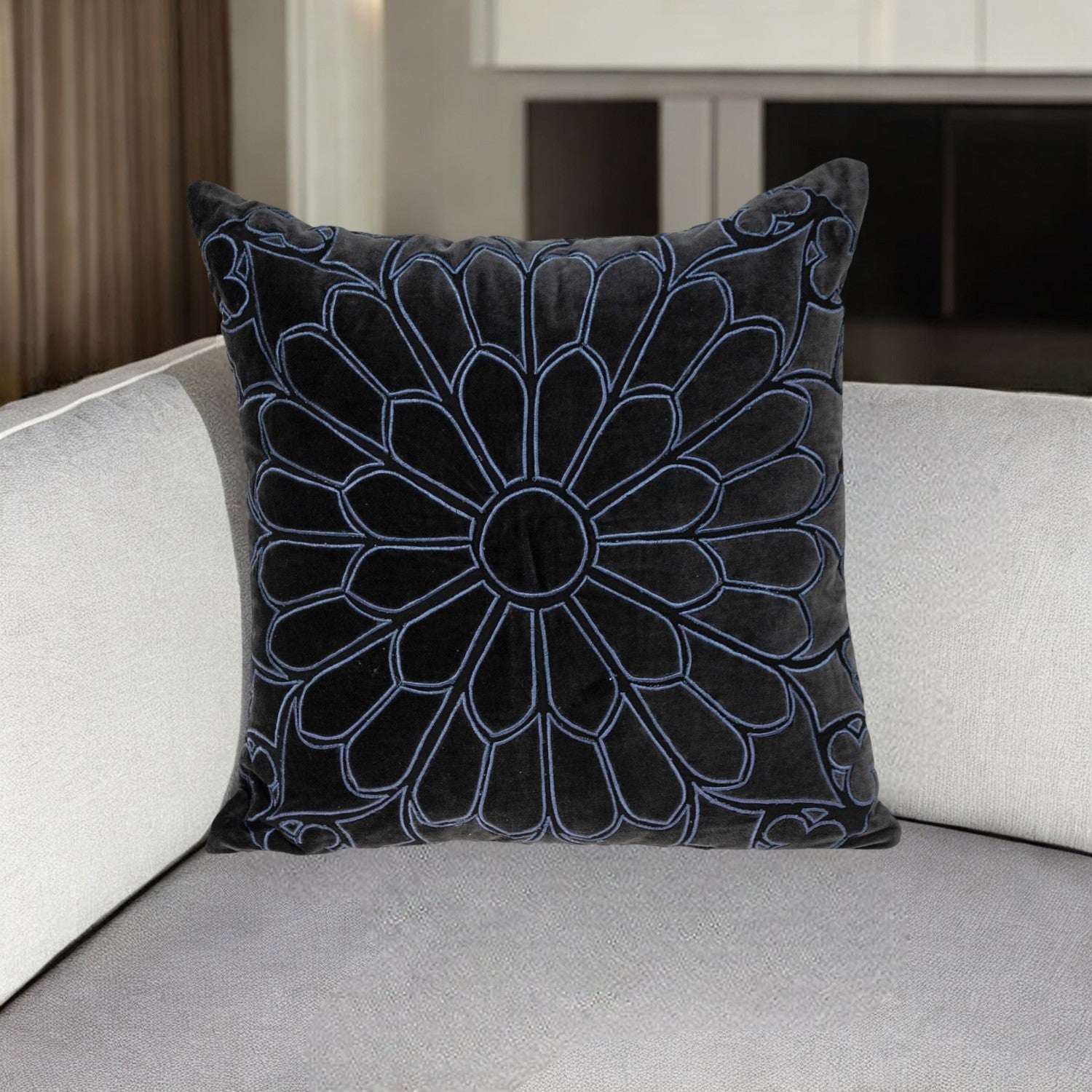 22" Black and Blue Floral Cotton Throw Pillow with Embroidery and Applique