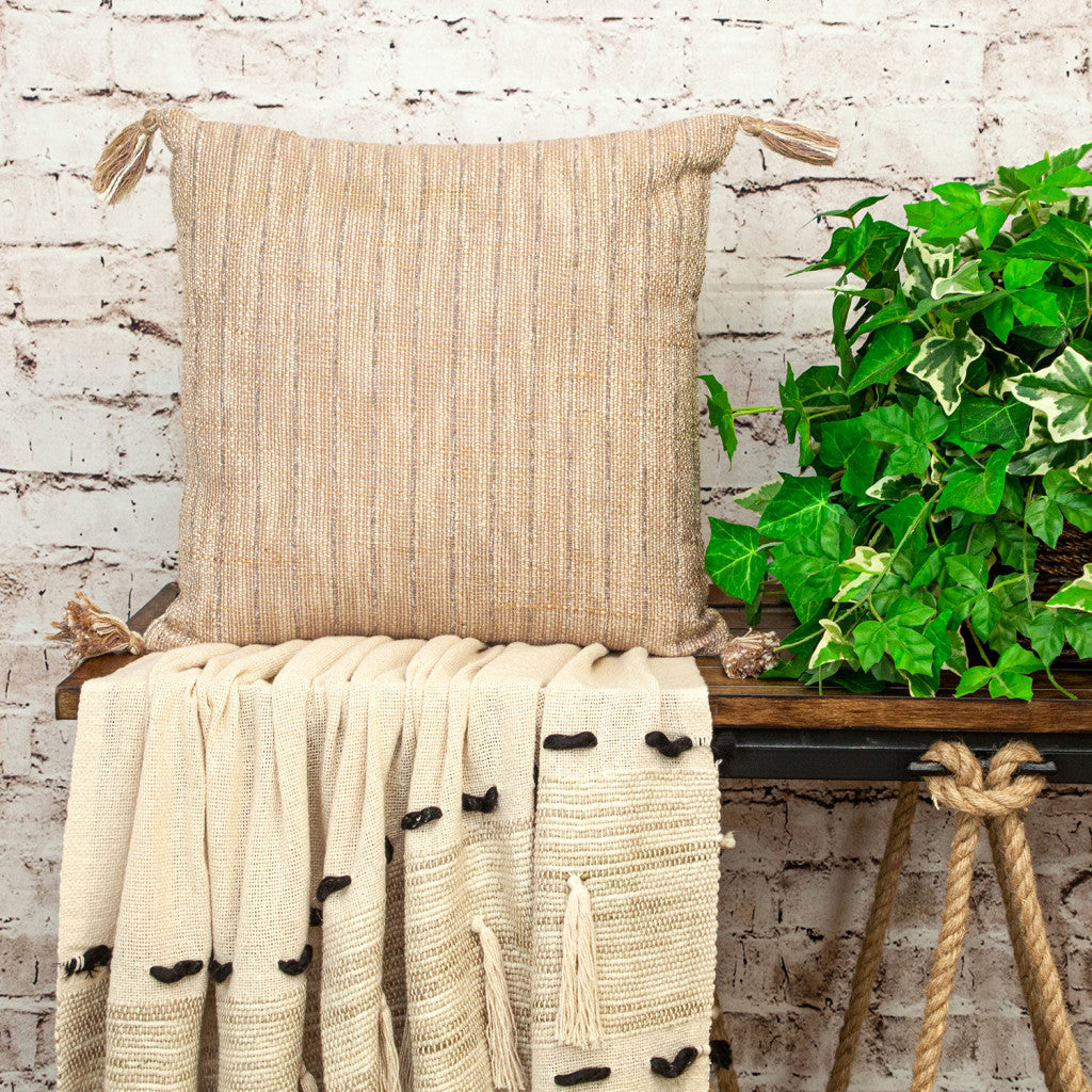 18" Brown and White Striped Cotton Throw Pillow With Tassels