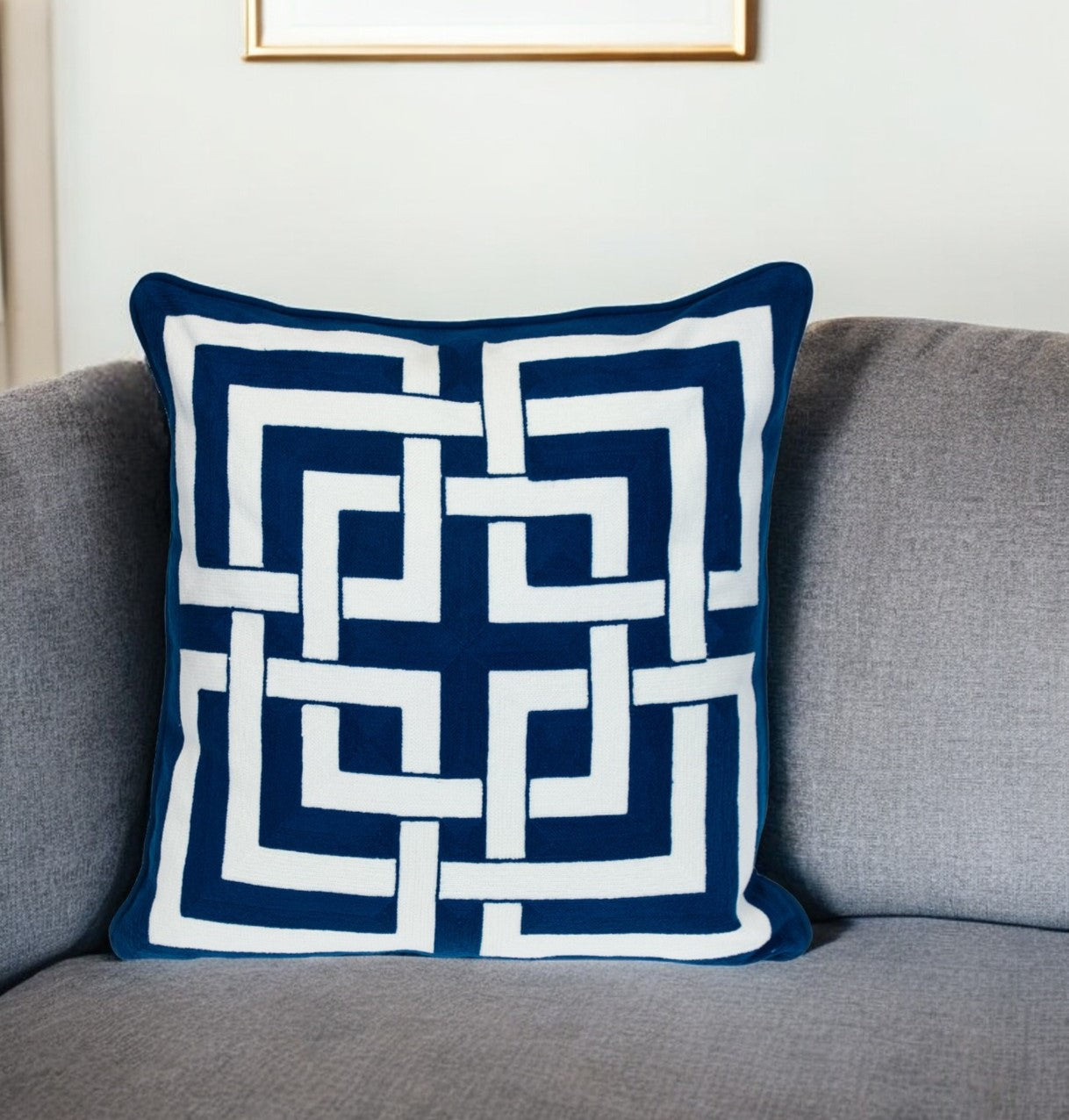 20" Blue and White Interlocking Cotton Throw Pillow