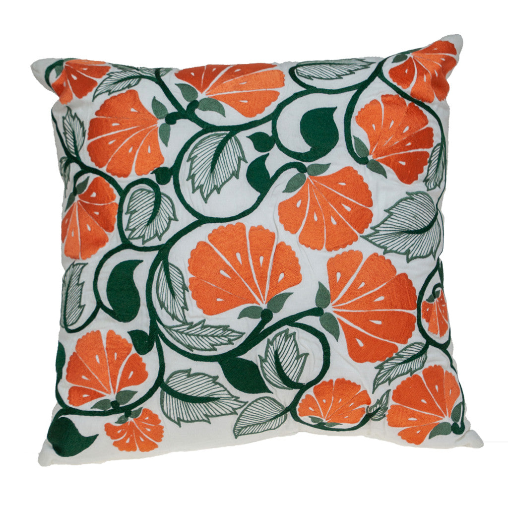 22" Orange and White Floral Cotton Throw Pillow With Embroidery