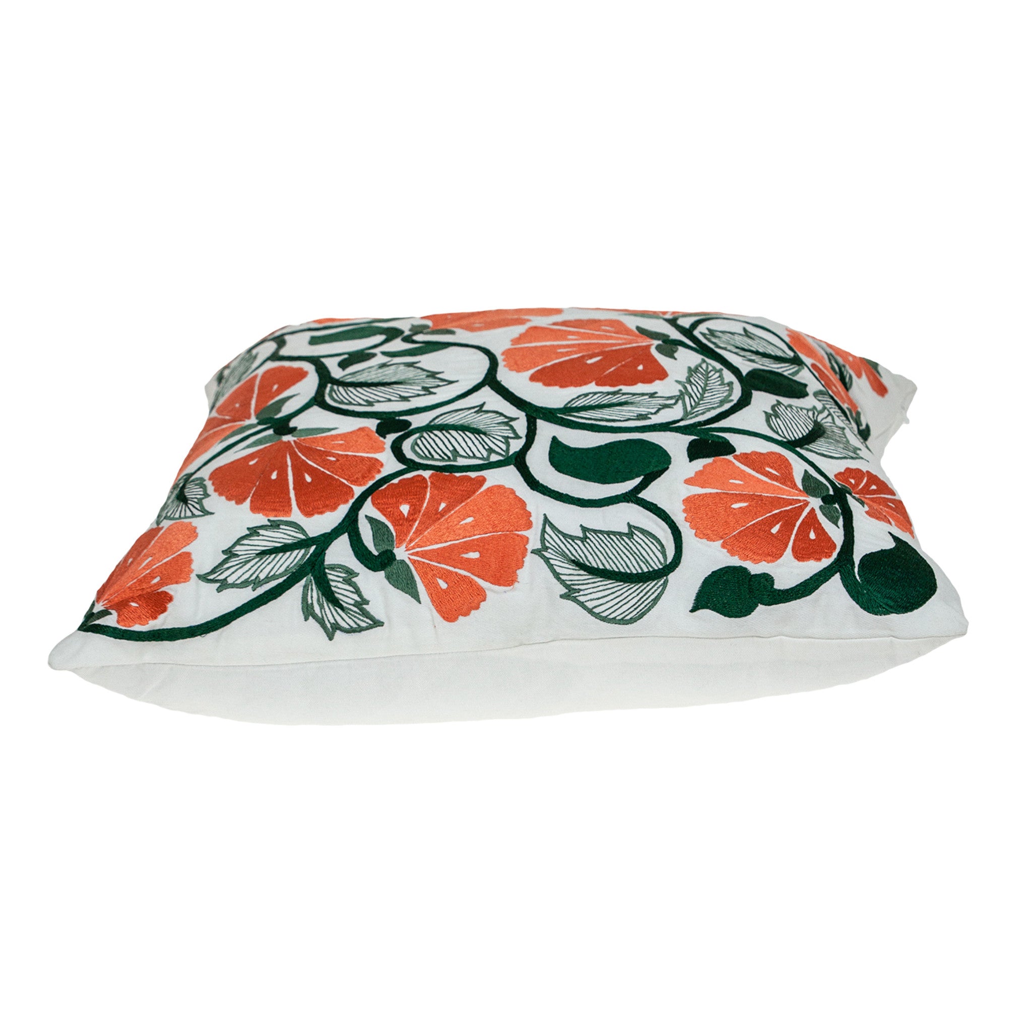 22" Orange and White Floral Cotton Throw Pillow With Embroidery