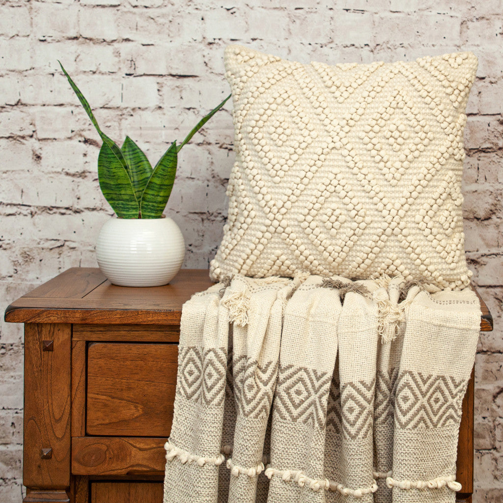 20" Off White Geometric Cotton Throw Pillow