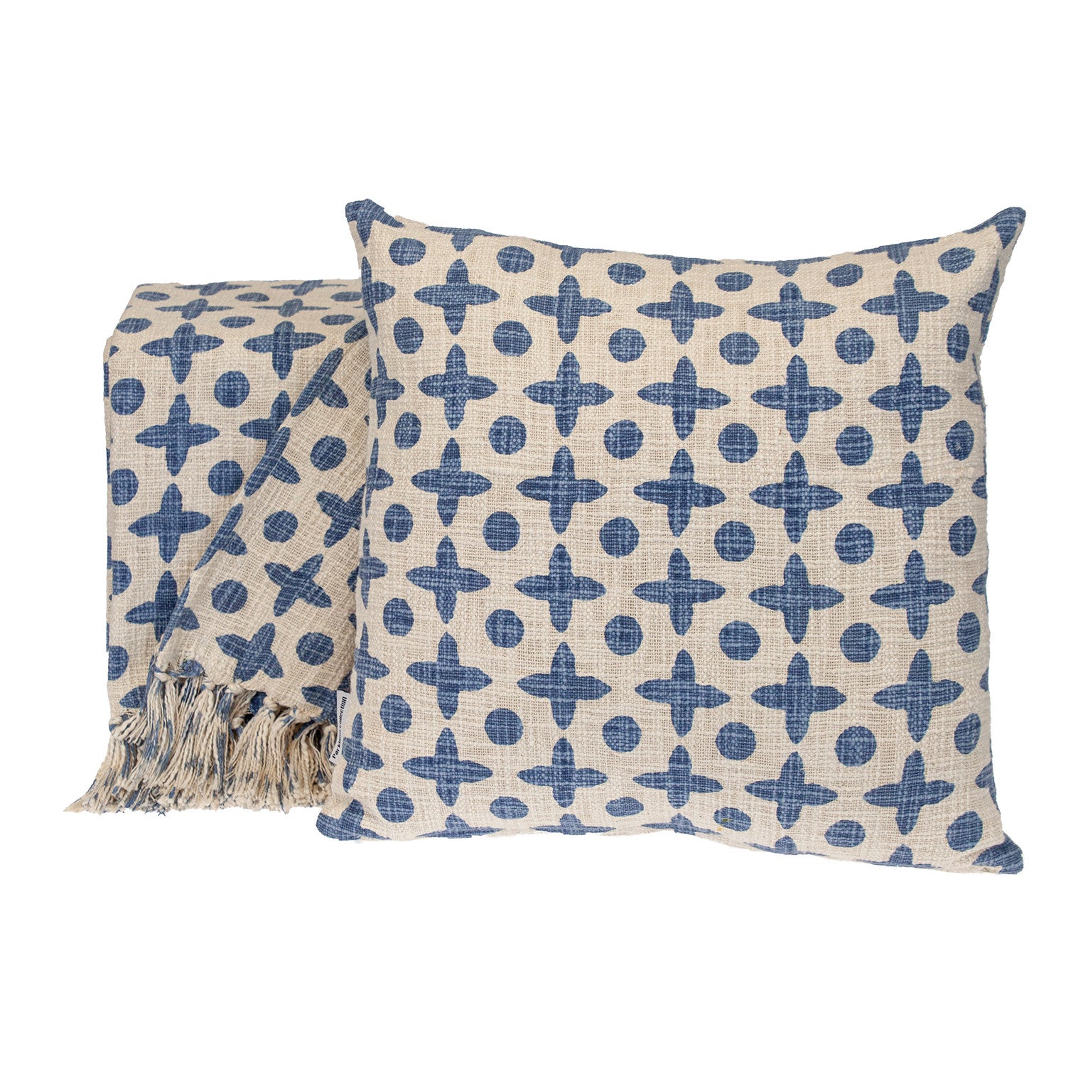 18" Beige and Blue Geometric Cotton Throw Pillow