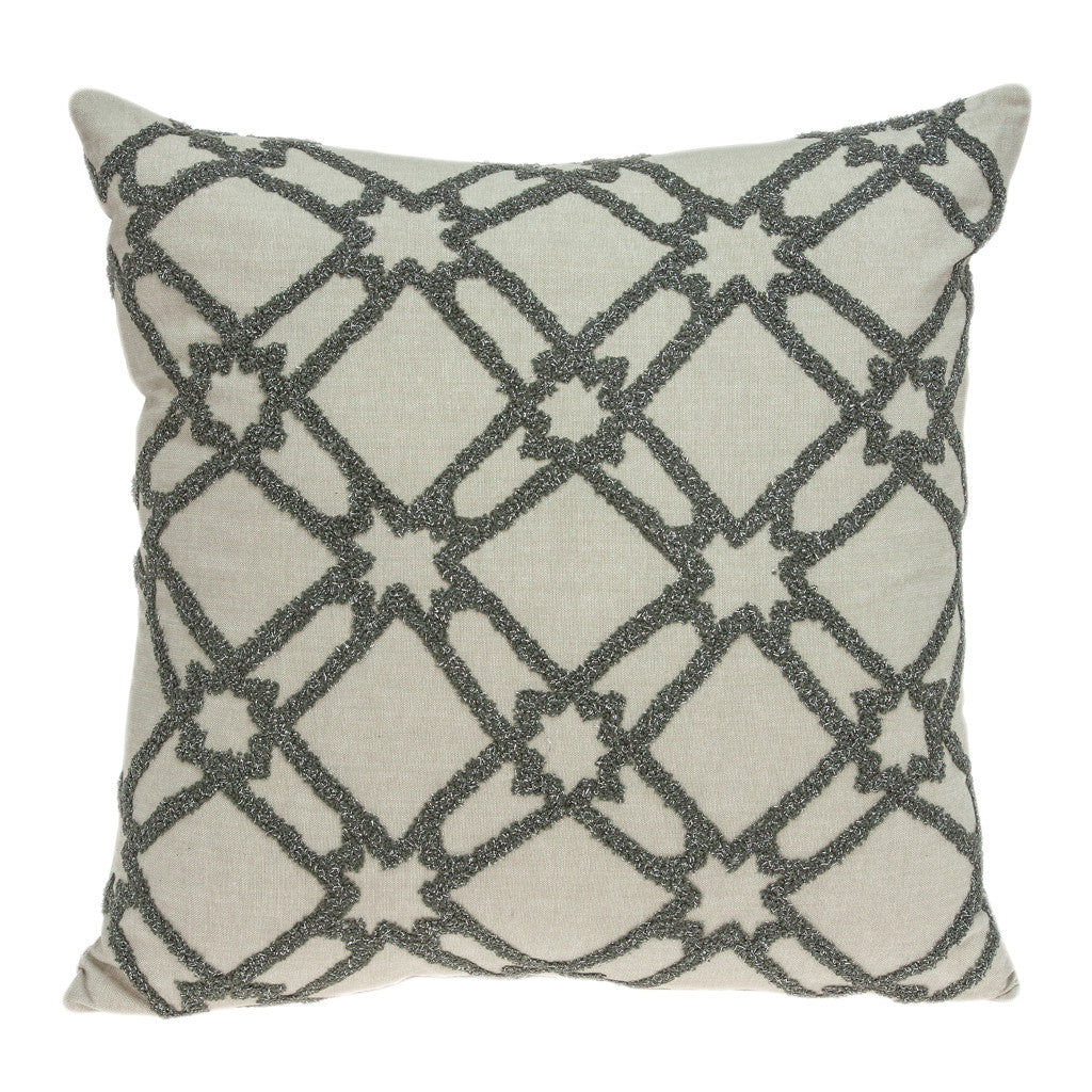 20" Beige and Gray Diamond Cotton Throw Pillow With Embroidery