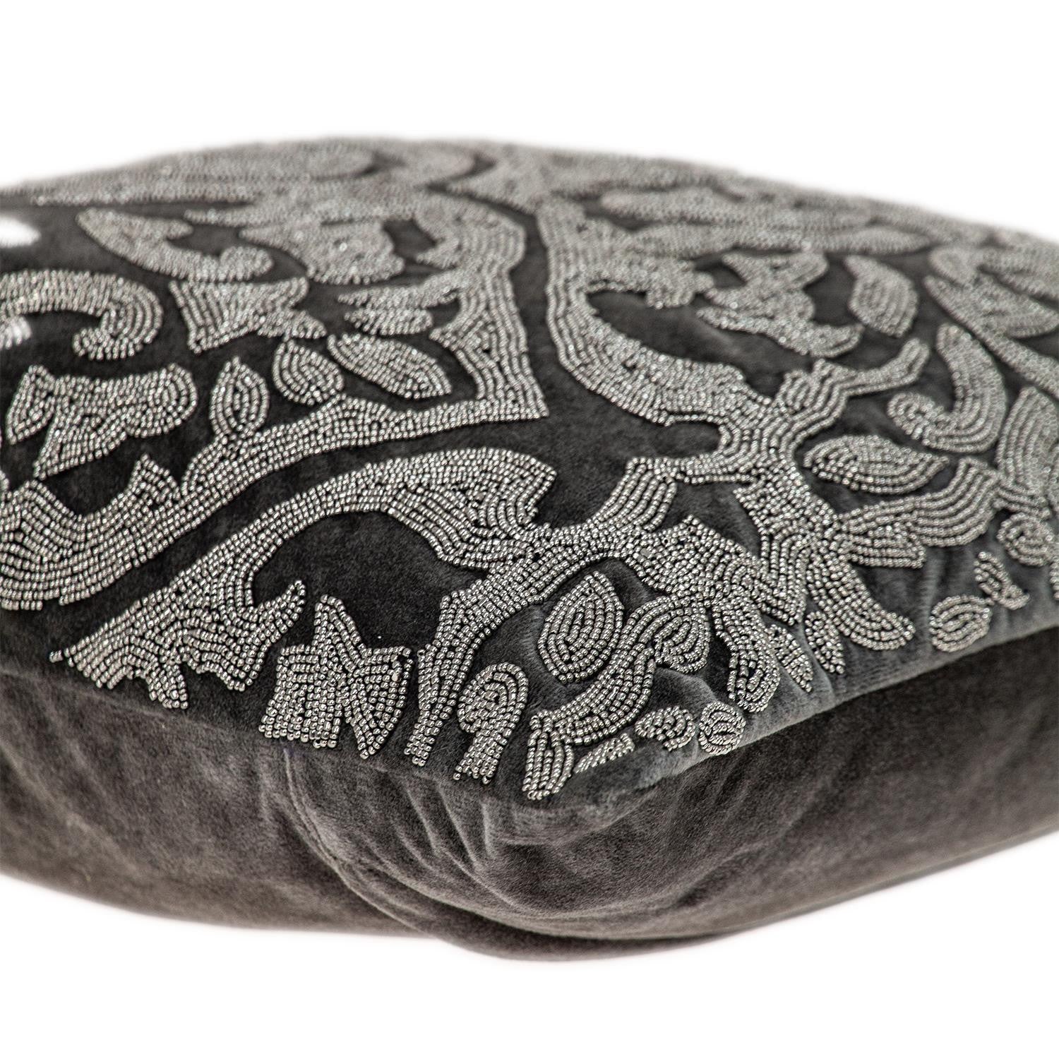 18" Gray and Silver Damask Velvet Throw Pillow With Beads