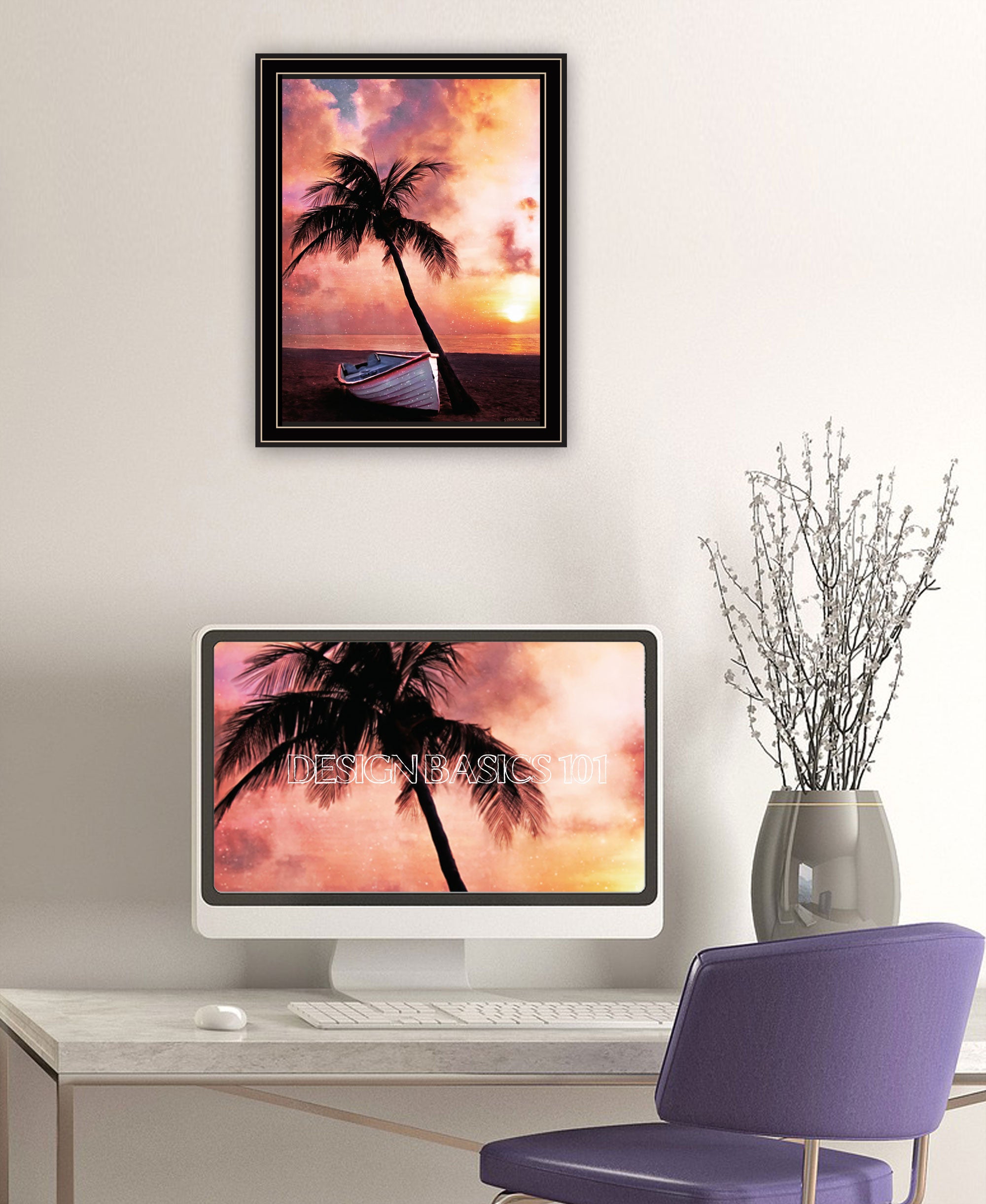 Palm Tree Sunset Black Framed Print Wall Art