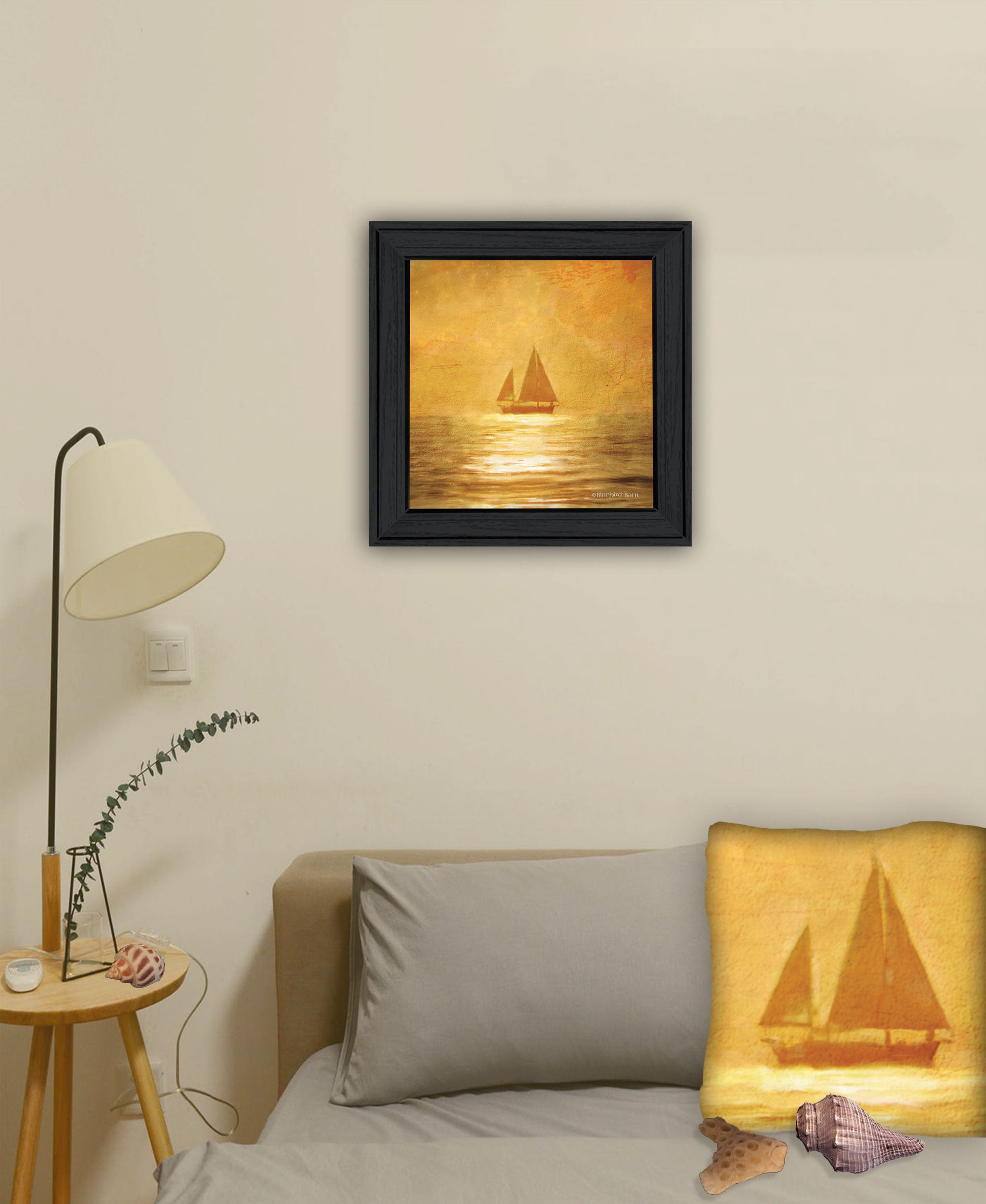 Solo Gold Sunset Sailboat Black Framed Print Wall Art