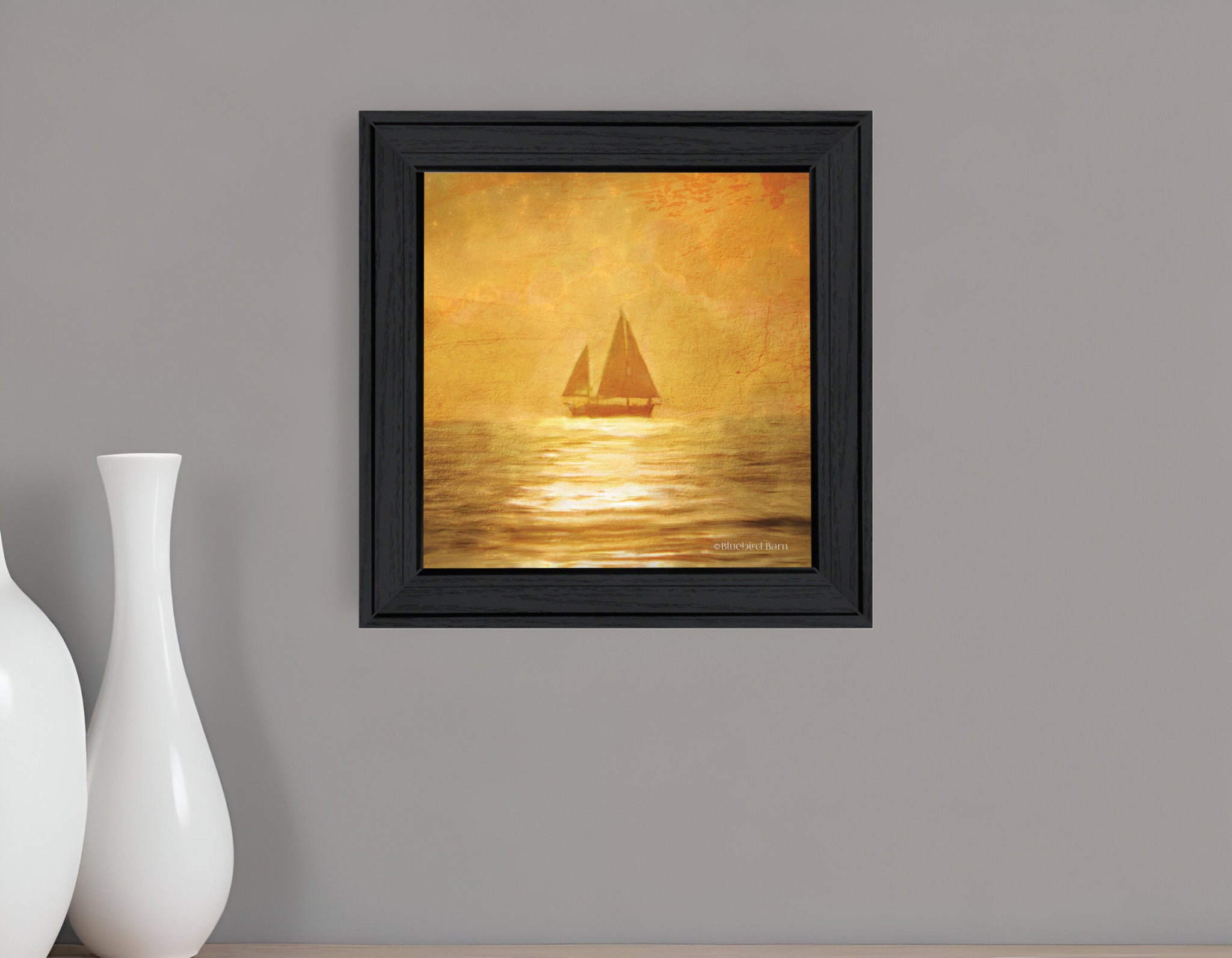 Solo Gold Sunset Sailboat Black Framed Print Wall Art