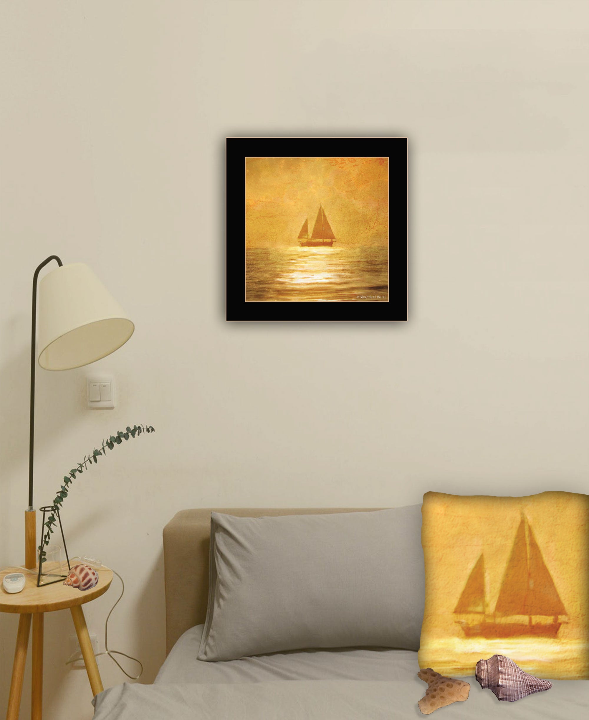 Solo Gold Sunset Sailboat Black Framed Print Wall Art