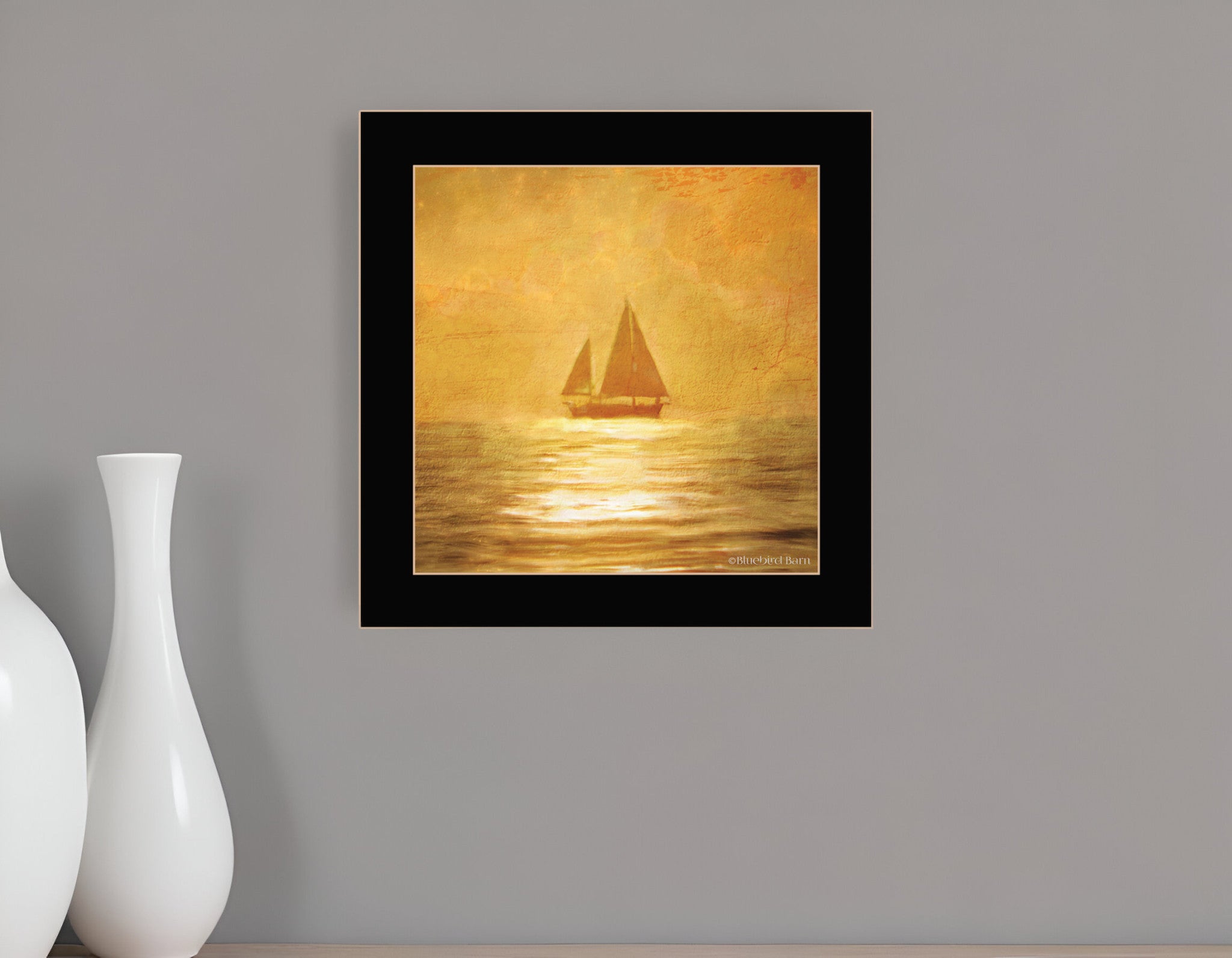 Solo Gold Sunset Sailboat Black Framed Print Wall Art