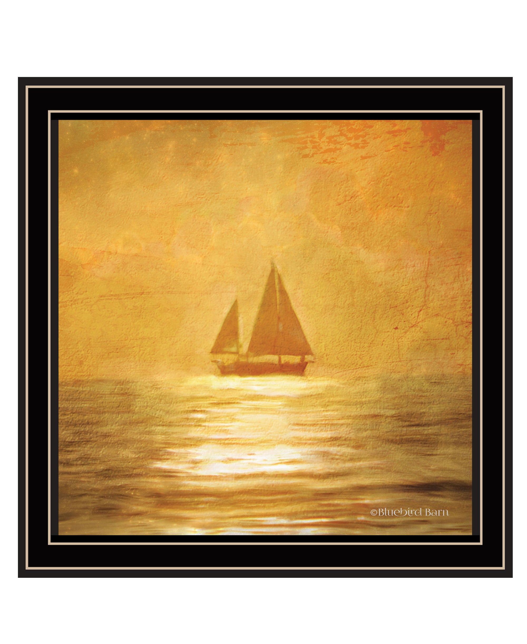 Solo Gold Sunset Sailboat Black Framed Print Wall Art