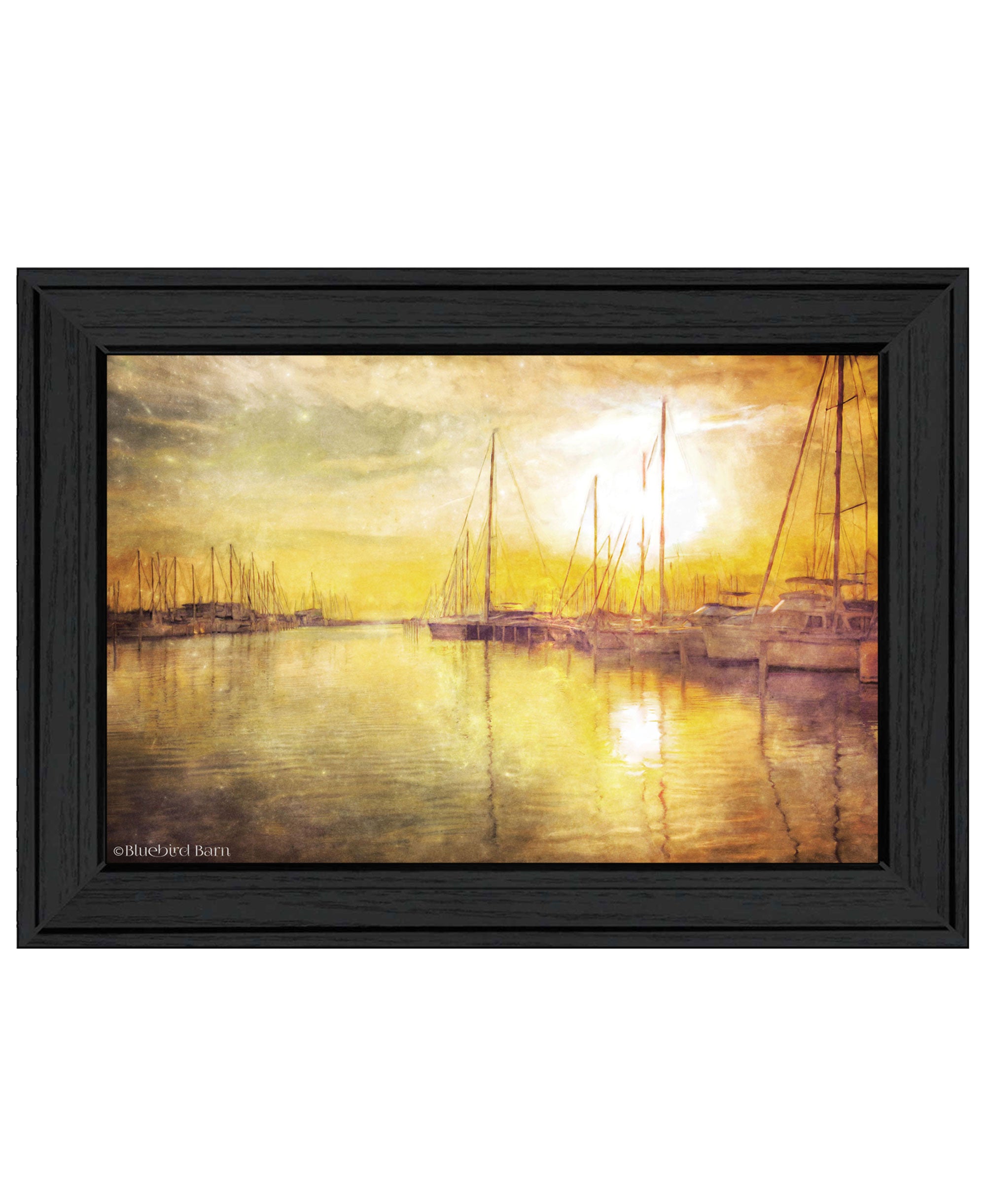 Yellow Sunset Boats In Marina Black Framed Print Wall Art