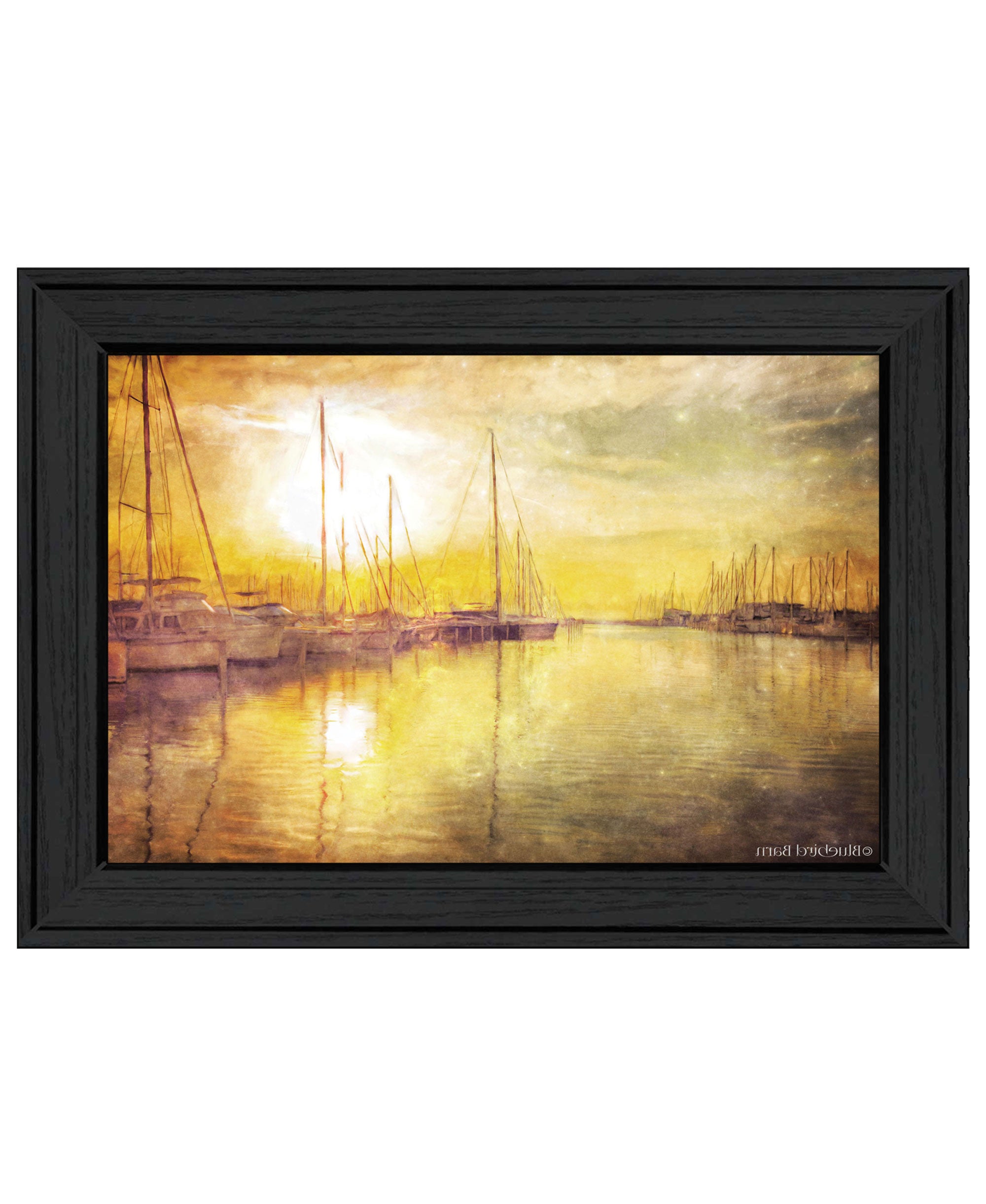 Yellow Sunset Boats In Marina Black Framed Print Wall Art